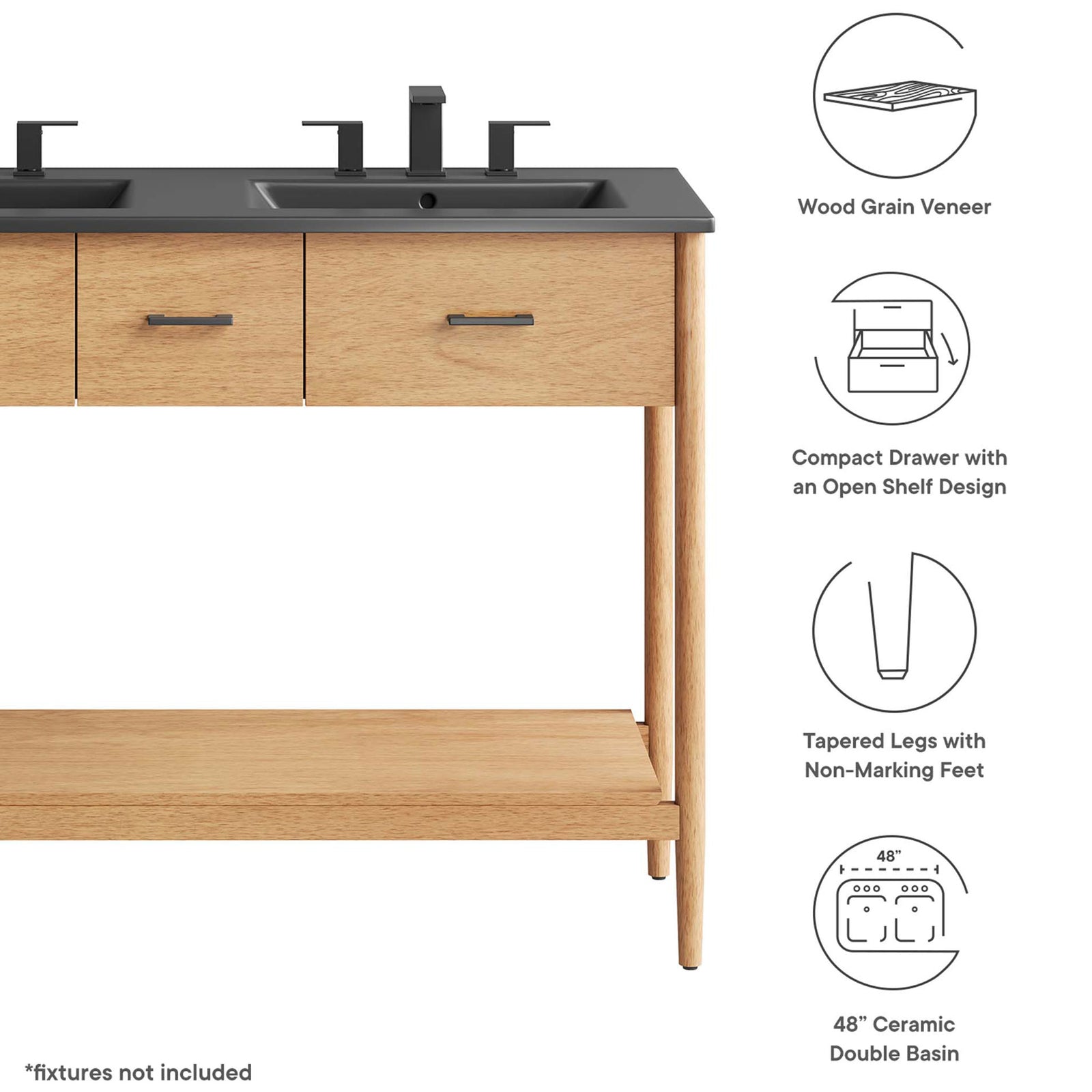 Wood-grain veneer, non-marking feet, and a 48-inch ceramic double basin elevate everyday routines || EEI-6827-NAT-BLK || callout_studio