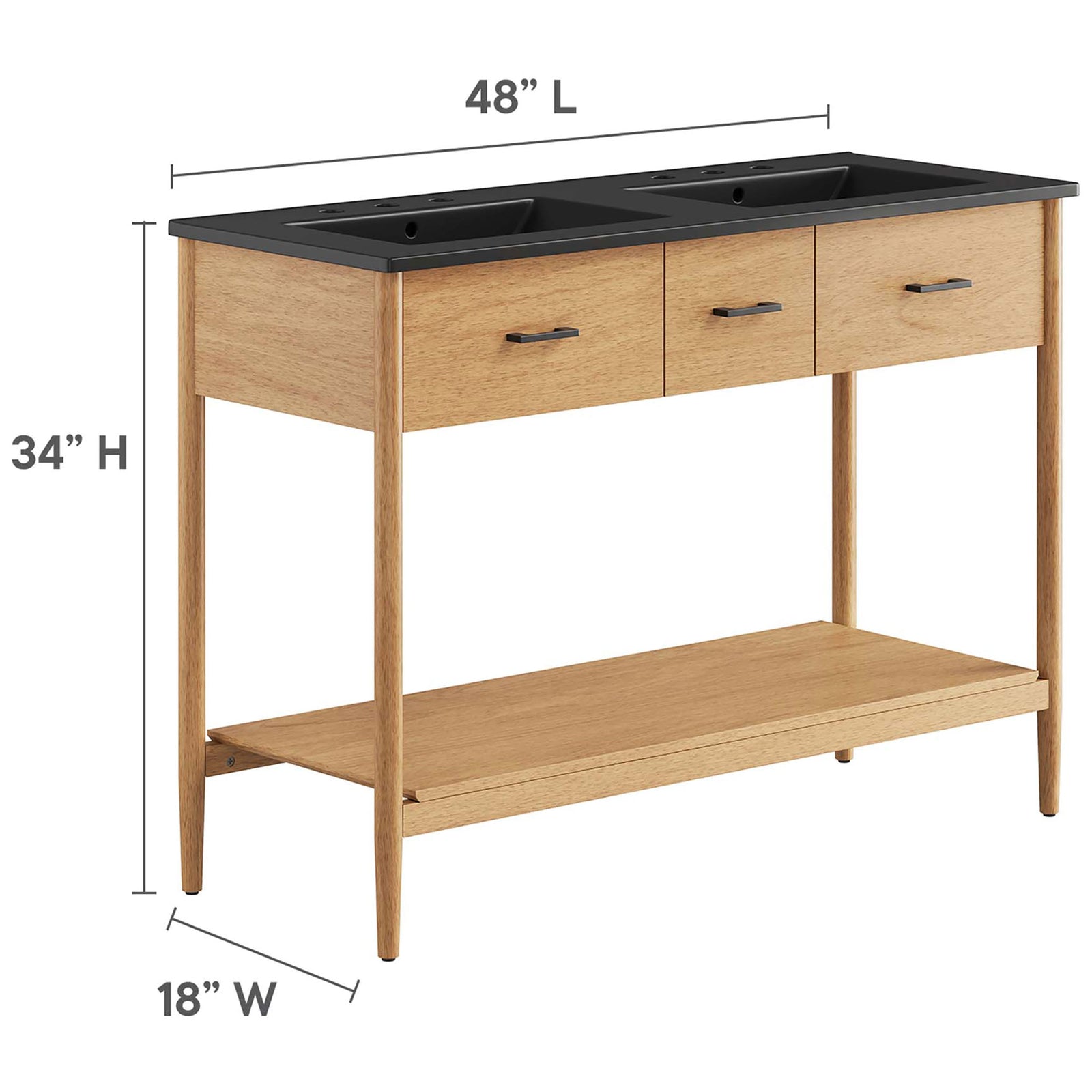 Space-smart 48-inch double vanity with 18-inch depth and 34-inch height for comfortable use || EEI-6827-NAT-BLK || dimension_studio