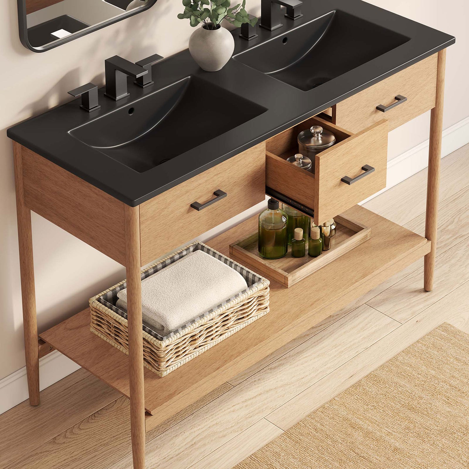Warm natural finish pairs with black basins and handy drawer, styled for modern bathrooms || EEI-6827-NAT-BLK || front_angle_open_room