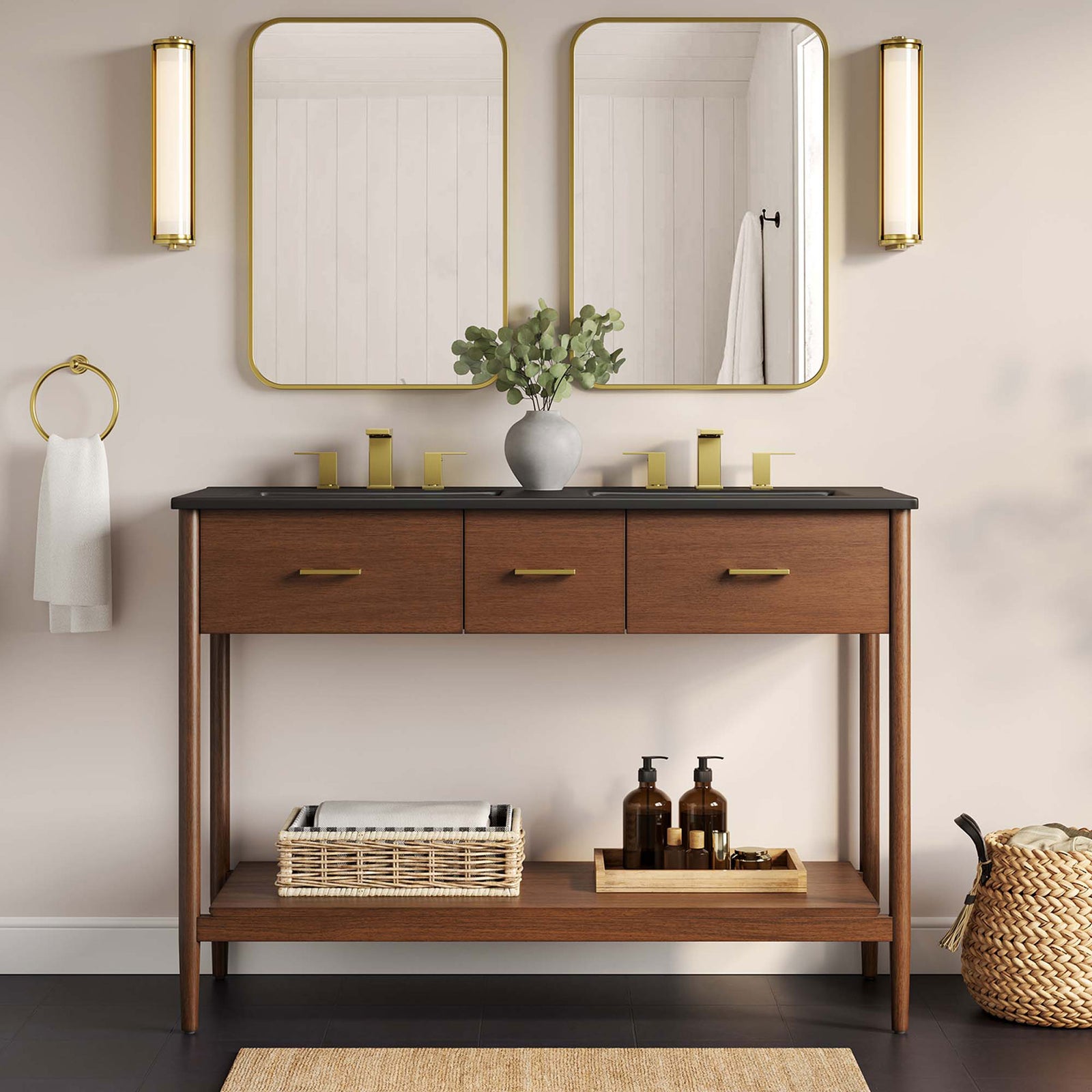 Mid-century vanity completes the bath with a walnut cabinet, black double basins, and shelf || EEI-6827-WAL-BLK || front_room