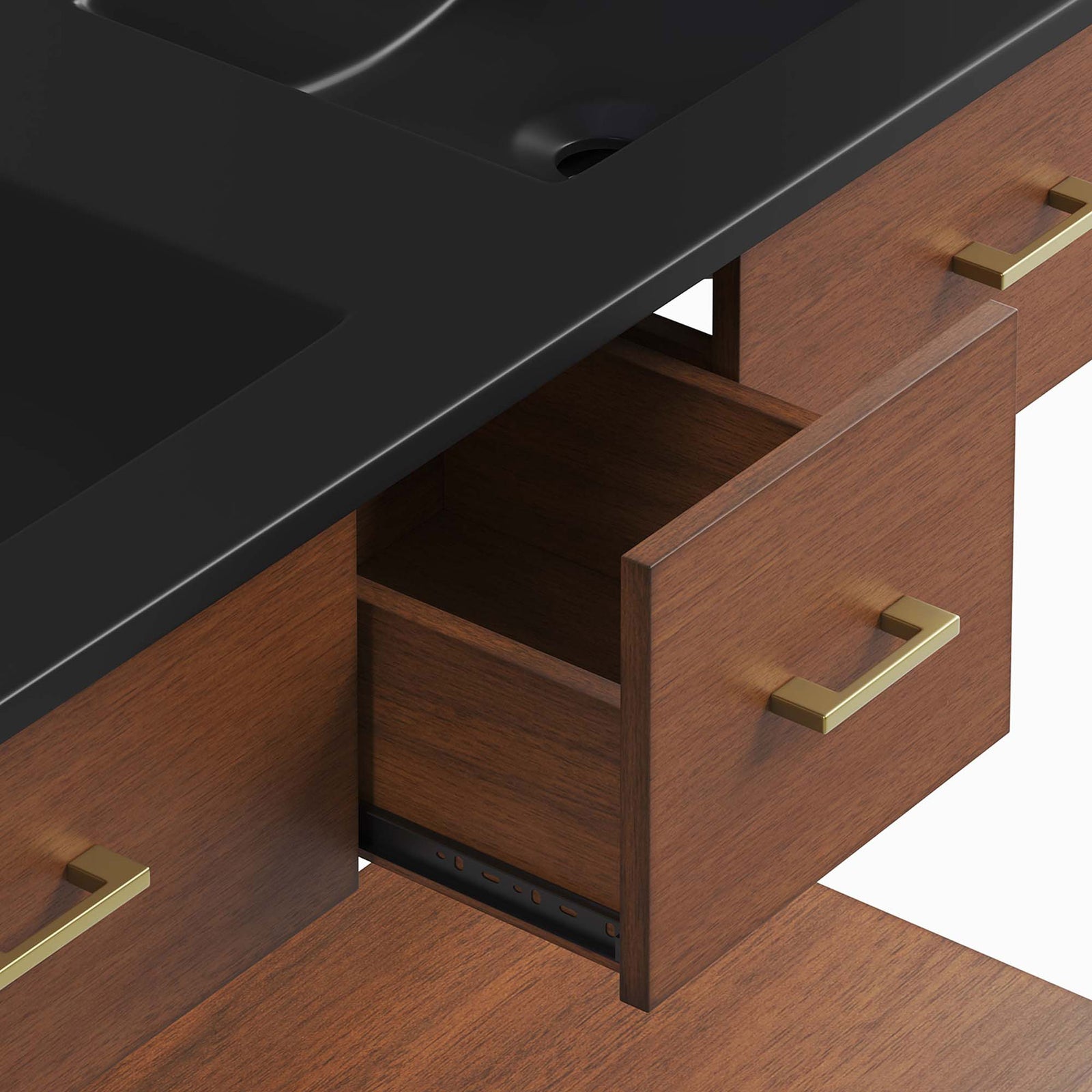 Middle drawer opens to reveal hidden storage with metal pull beneath the black countertop || EEI-6827-WAL-BLK || storage_open_studio
