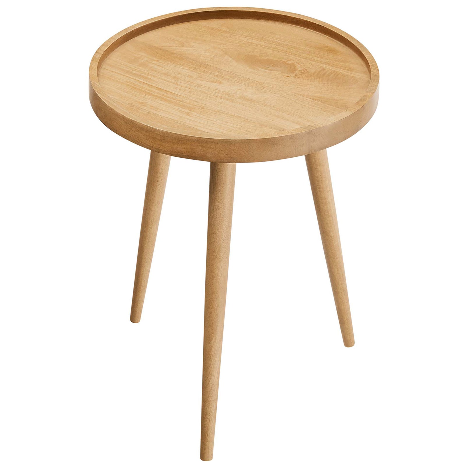 Round tray-top side table in natural mango wood with a smooth lip and three splayed legs || EEI-6830-NAT || top_angle_studio