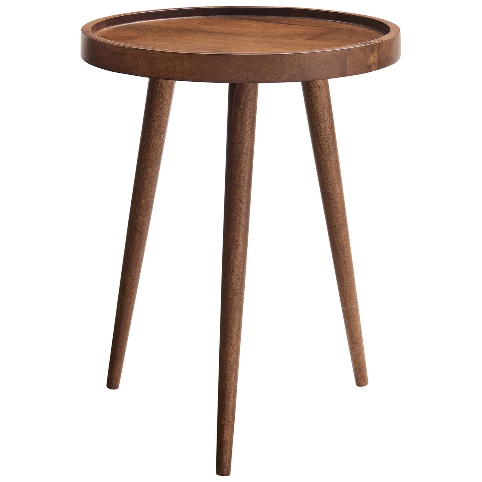 Walnut round side table with raised tray top and three tapered legs adds mid-century warmth to any room || EEI-6830-WAL || front_angle_studio
