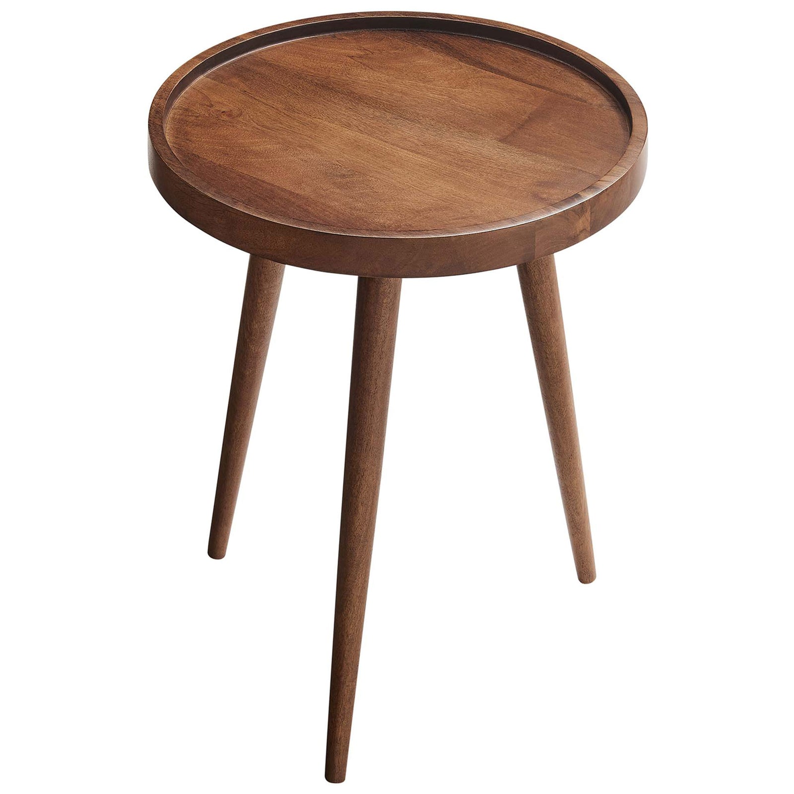 Compact walnut accent table with smooth tray surface and slim tripod base for stylish everyday use || EEI-6830-WAL || top_angle_studio