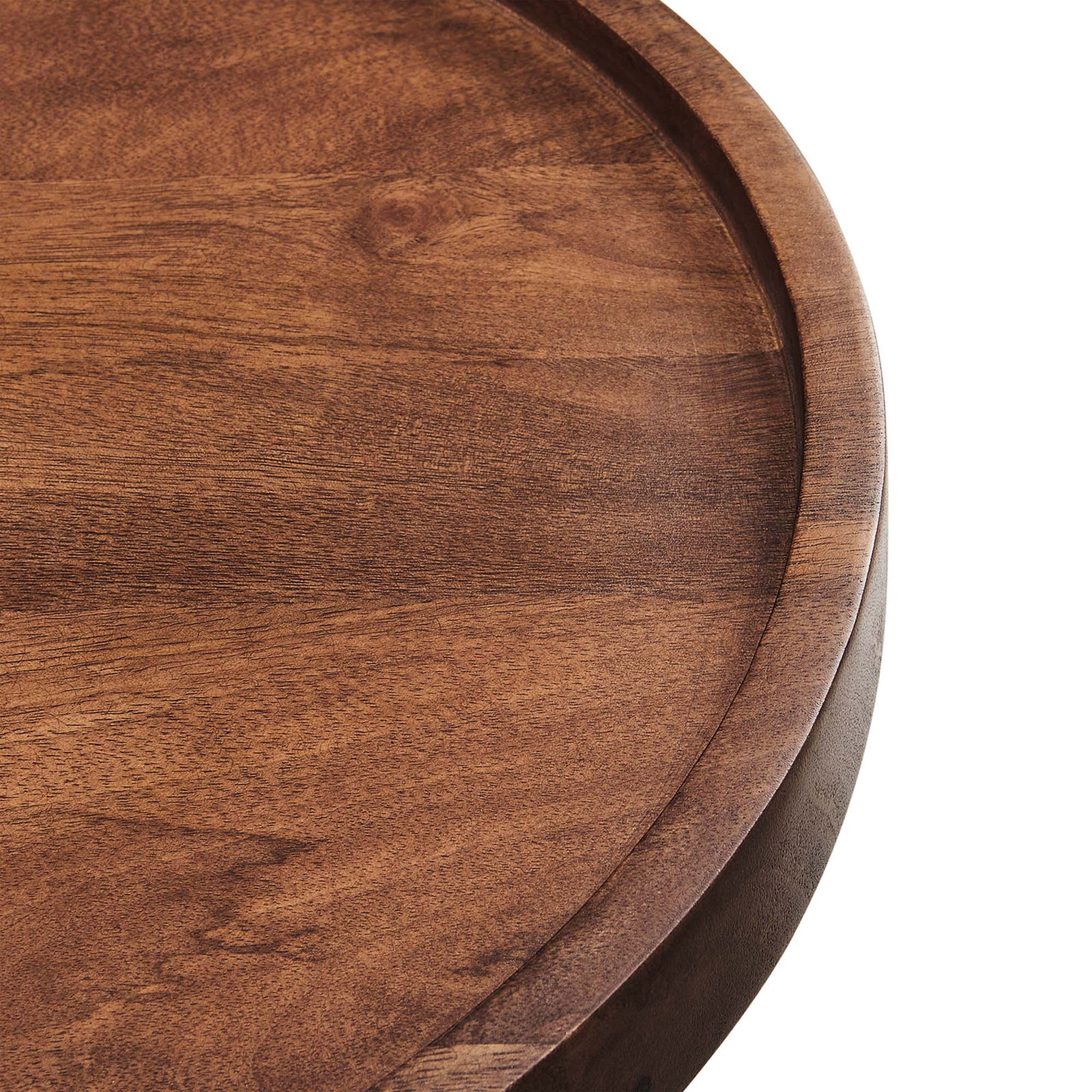 Walnut tabletop rim features a smooth finish and natural mango wood grain for a refined modern look || EEI-6830-WAL || detail_studio