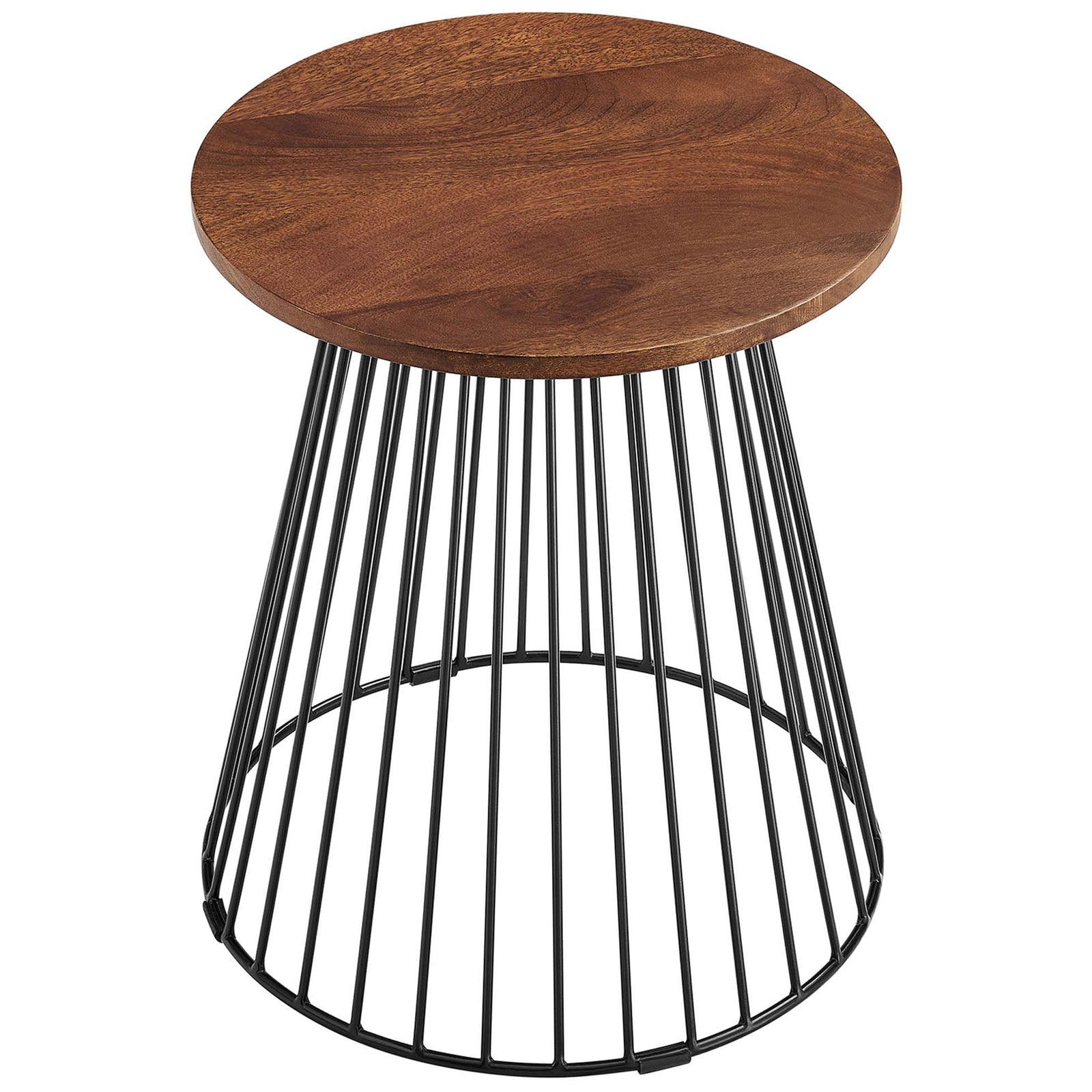 Walnut round end table with solid mango wood top and flared metal base for modern living rooms || EEI-6831-WAL || front_angle_studio