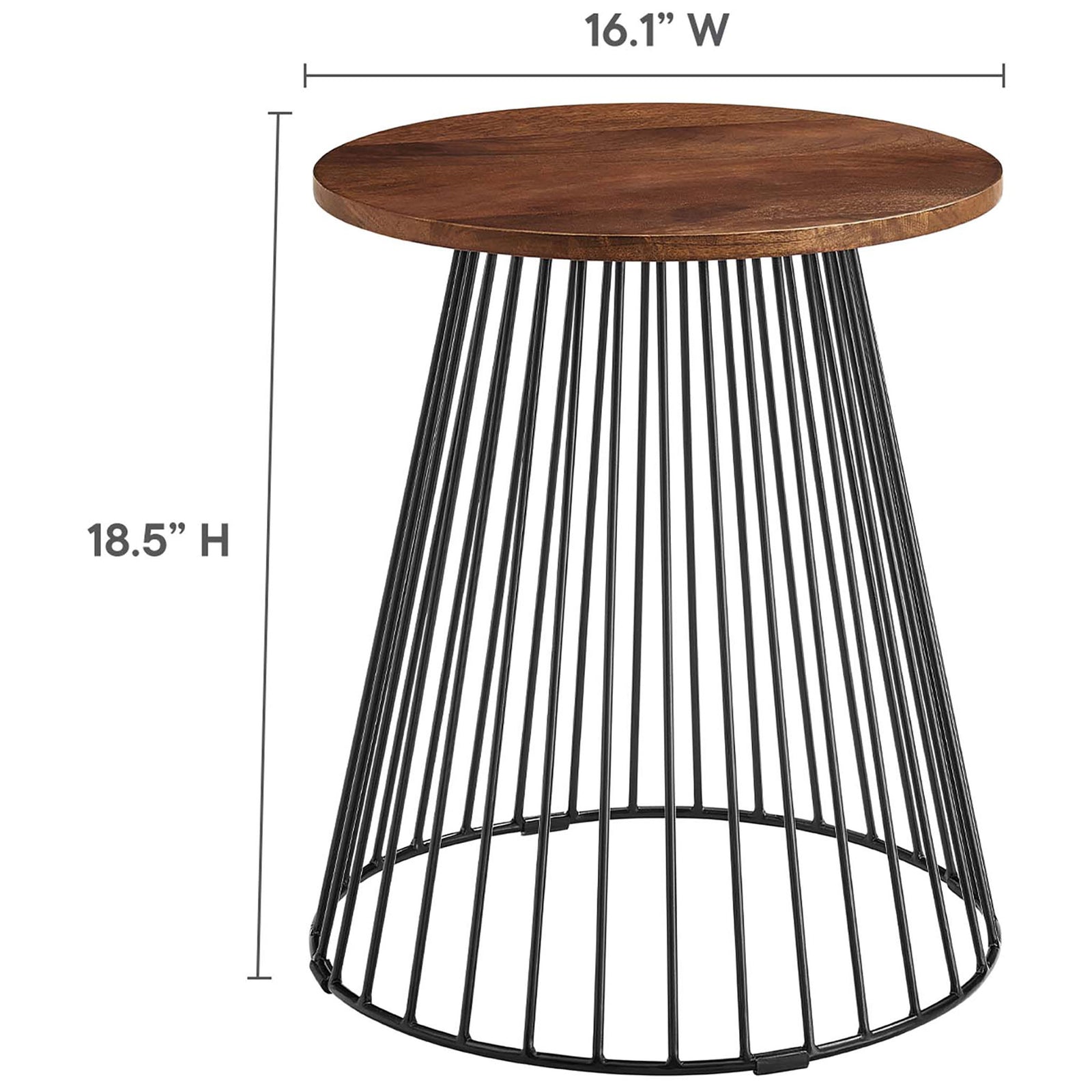 Walnut round side table with metal base shown with measurements of 16.1 inches wide and 18.5 inches high || EEI-6831-WAL || dimension_studio