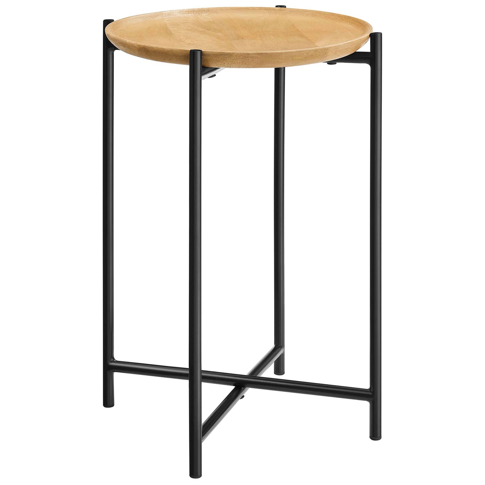 Oak round side table with gallery edge and black metal frame with intersecting stretchers || EEI-6832-OAK || front_angle_studio