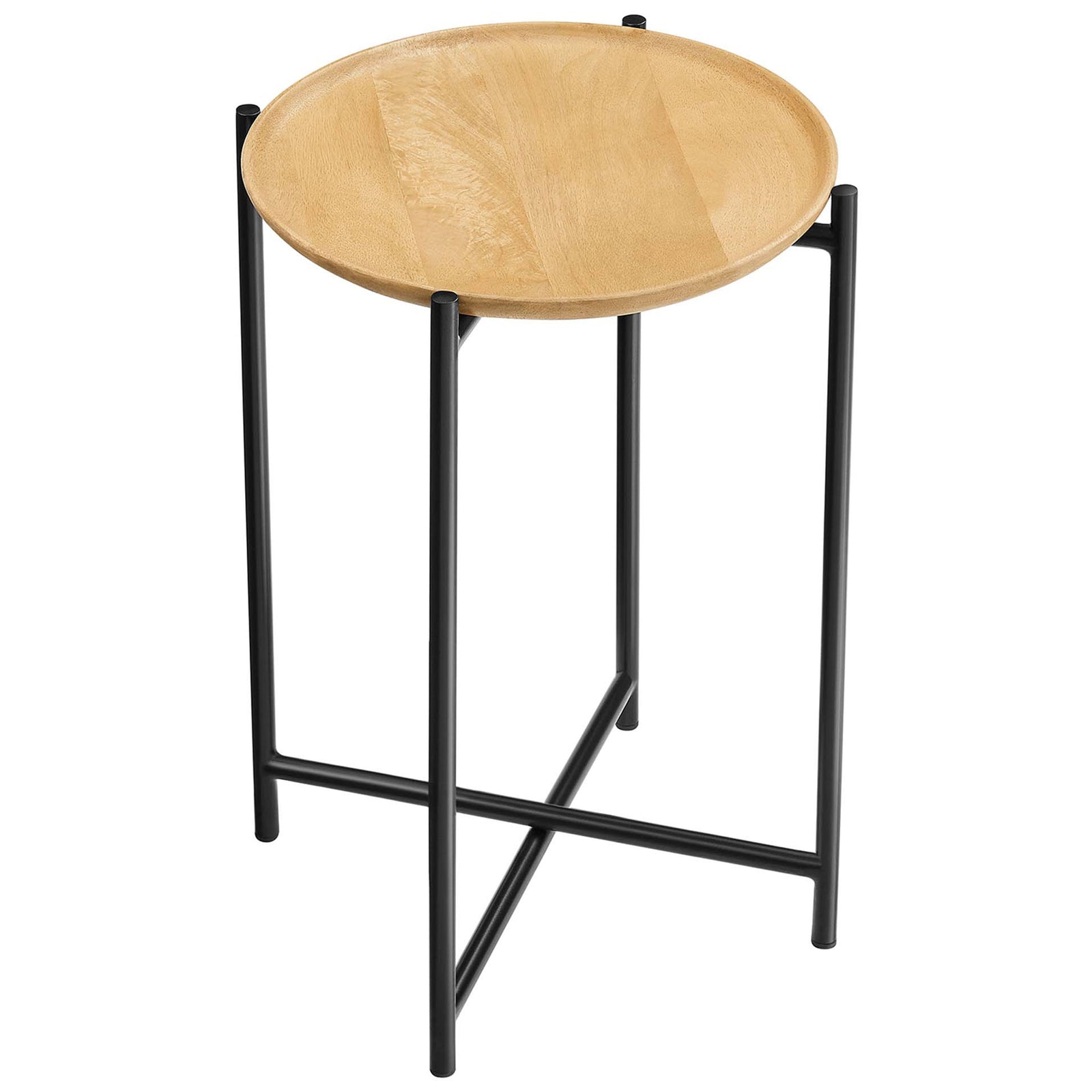 Round mango wood tabletop shows warm oak grain above a slender black metal base || EEI-6832-OAK || top_angle_studio
