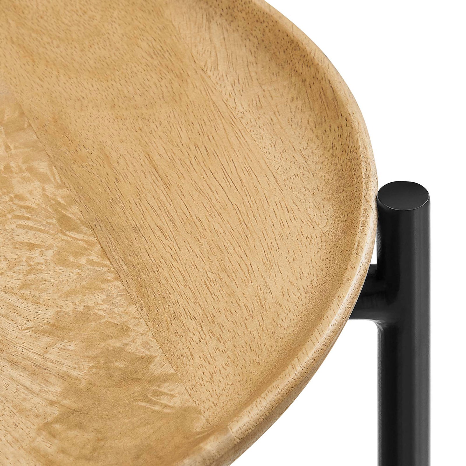 The contoured oak tabletop edge meets a matte black metal support post || EEI-6832-OAK || detail_studio