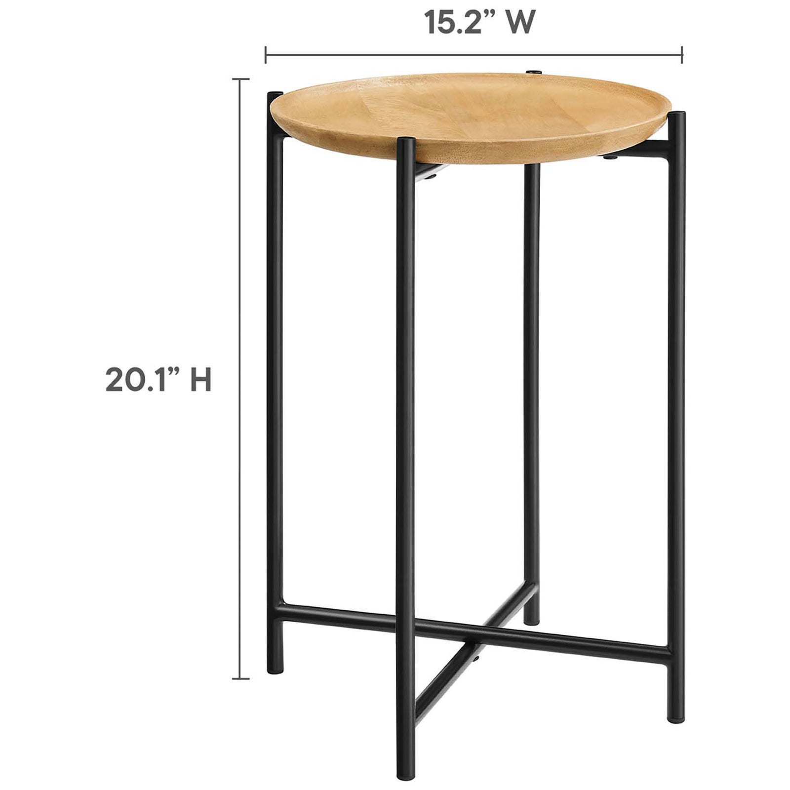 Round oak and metal side table with labeled height and width dimensions for easy sizing || EEI-6832-OAK || dimension_studio