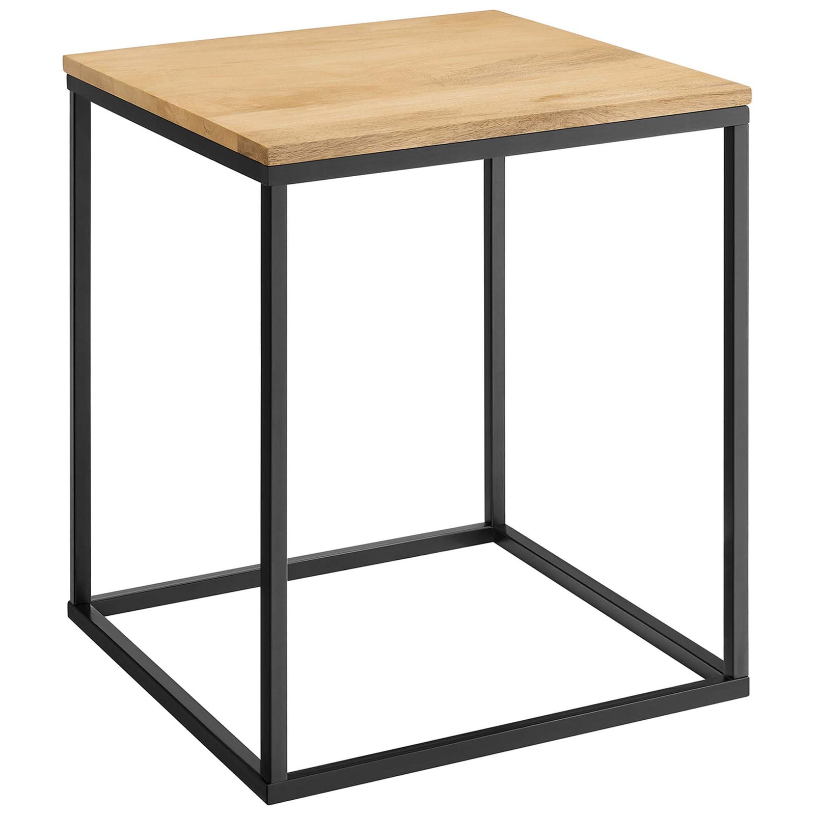 Square mango wood side table with open black metal cube base for sleek modern style || EEI-6833-OAK || front_angle_studio