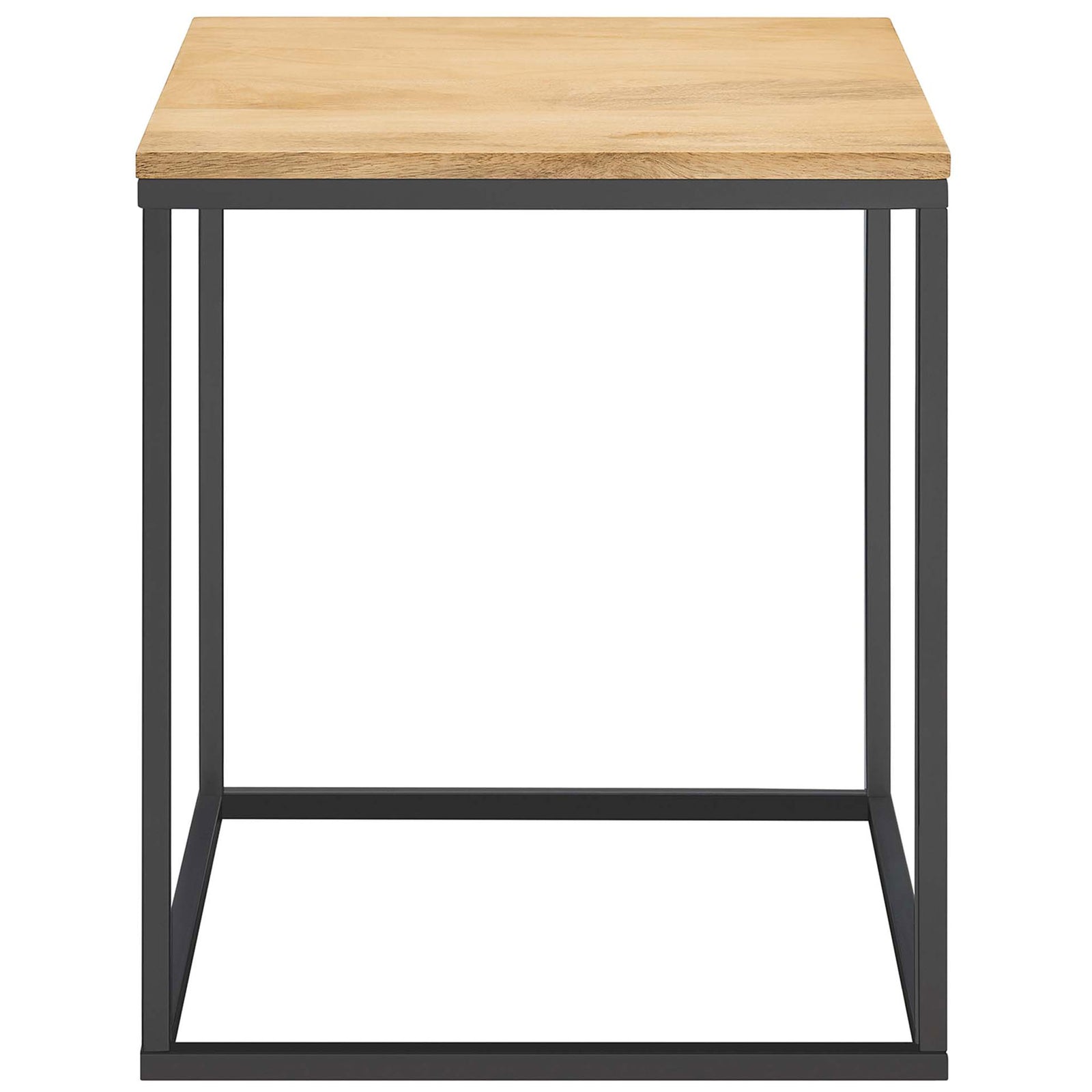 Compact square side table with light oak mango wood top and slim black metal frame || EEI-6833-OAK || front_studio