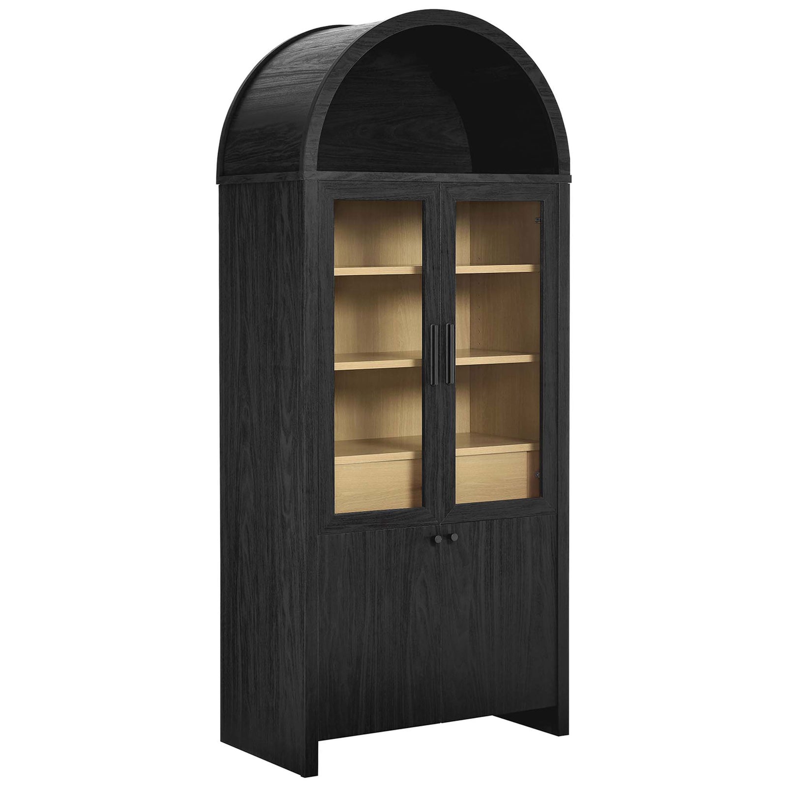 Black oak arched display cabinet with warm wood interior shelves and sleek vertical handles || EEI-6834-BLK-OAK || front_angle_studio