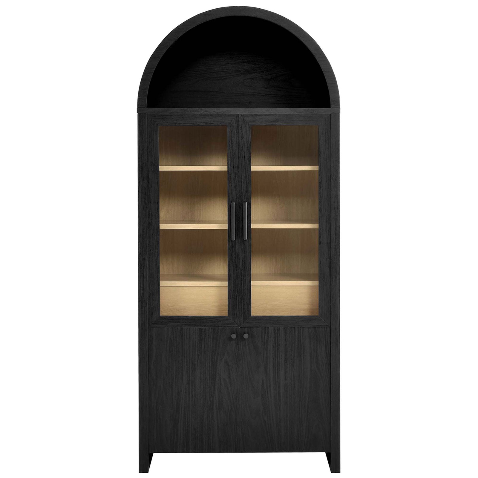 Tall arched black oak display cabinet with glass doors and contrasting wood-tone shelves || EEI-6834-BLK-OAK || front_studio