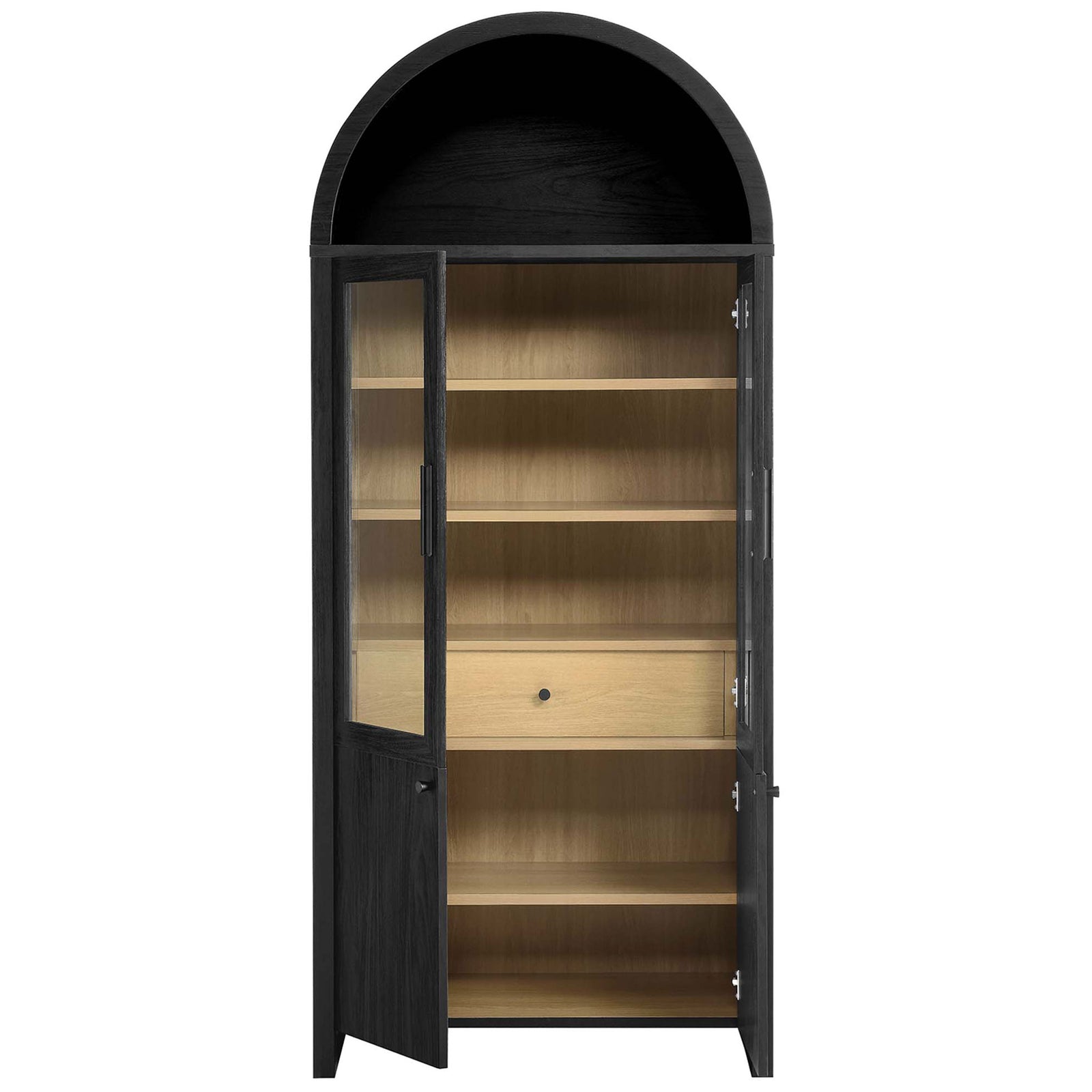 Arched display cabinet with both glass doors open to reveal adjustable shelves and drawer || EEI-6834-BLK-OAK || front_open_studio