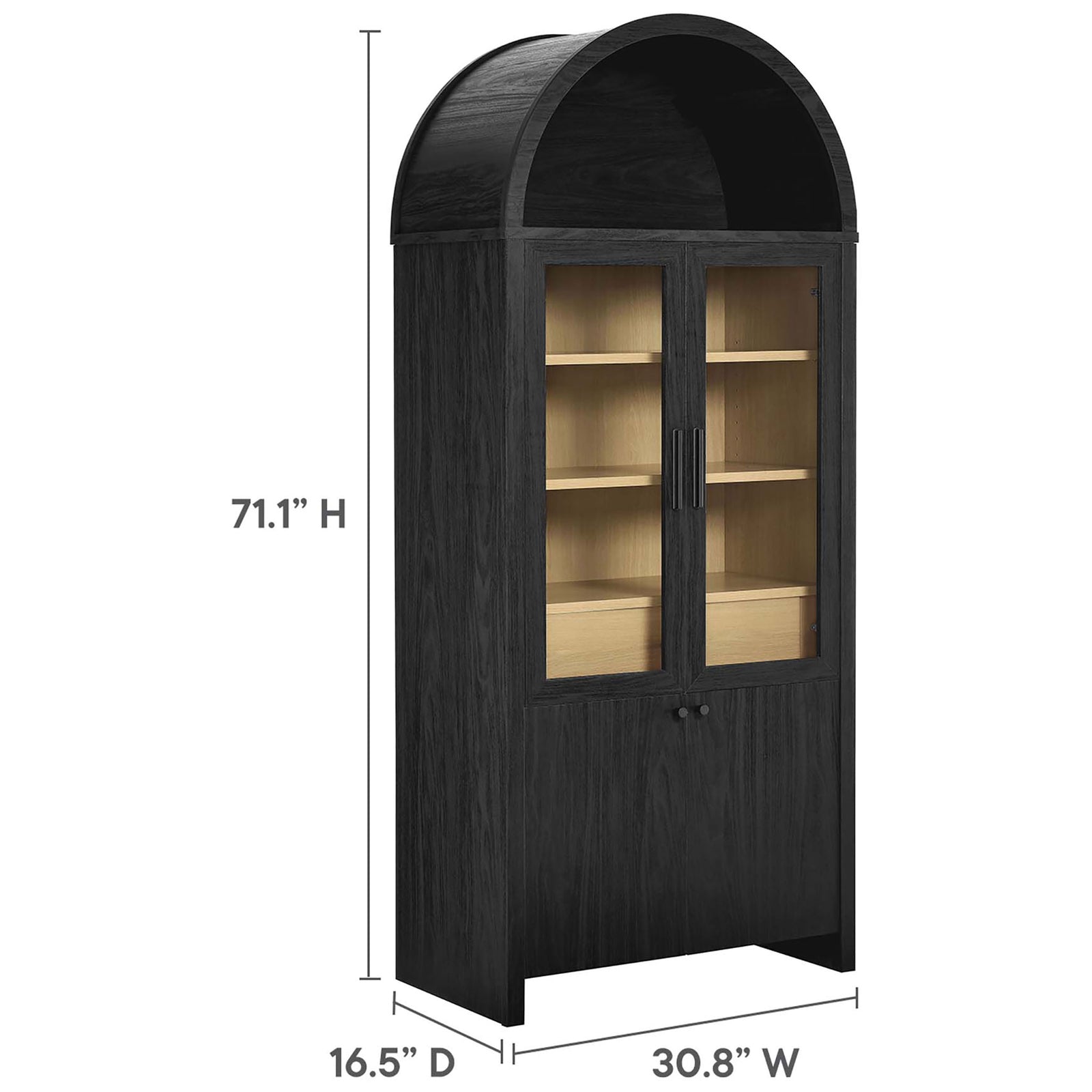 Dimension view of the Evie arched cabinet showing overall height, width, and depth measurements || EEI-6834-BLK-OAK || dimension_studio