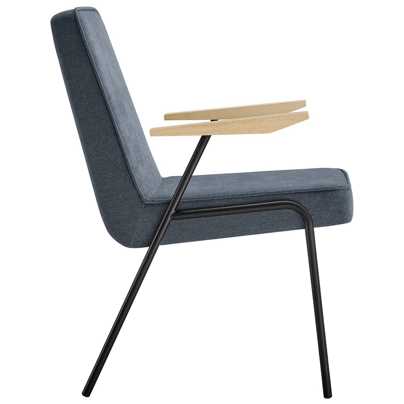 Slim side profile of Laguna dining chair with tapered legs and sculpted wood armrests || EEI-6835-LAG || side_studio