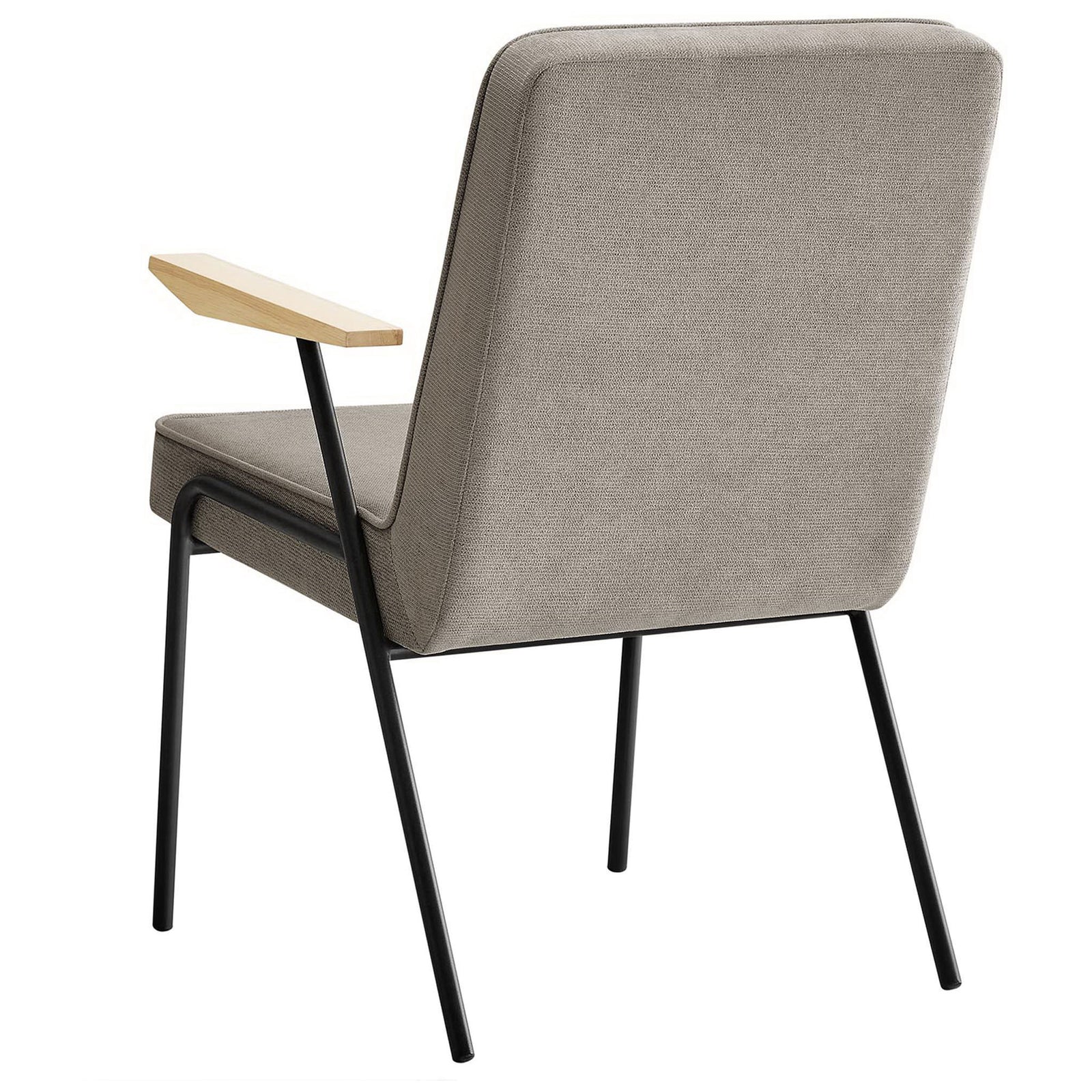Modern sand dining chair with smooth upholstered back, slender metal frame, and warm wood arm caps || EEI-6835-SAN || back_studio