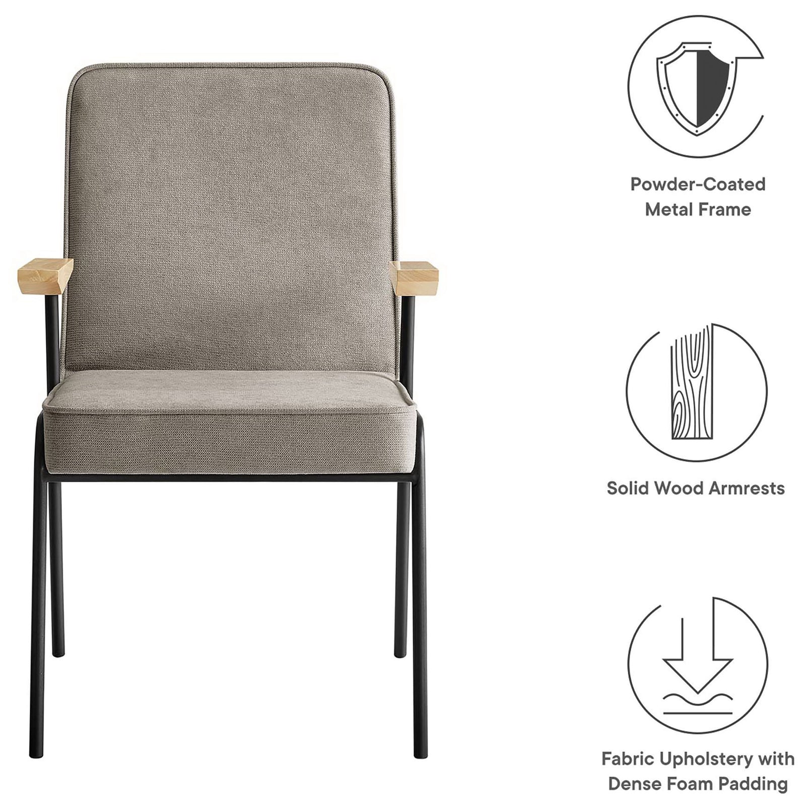 Vista sand armchair highlighting powder-coated metal frame, solid wood arms, and dense foam cushioning || EEI-6835-SAN || callout_studio