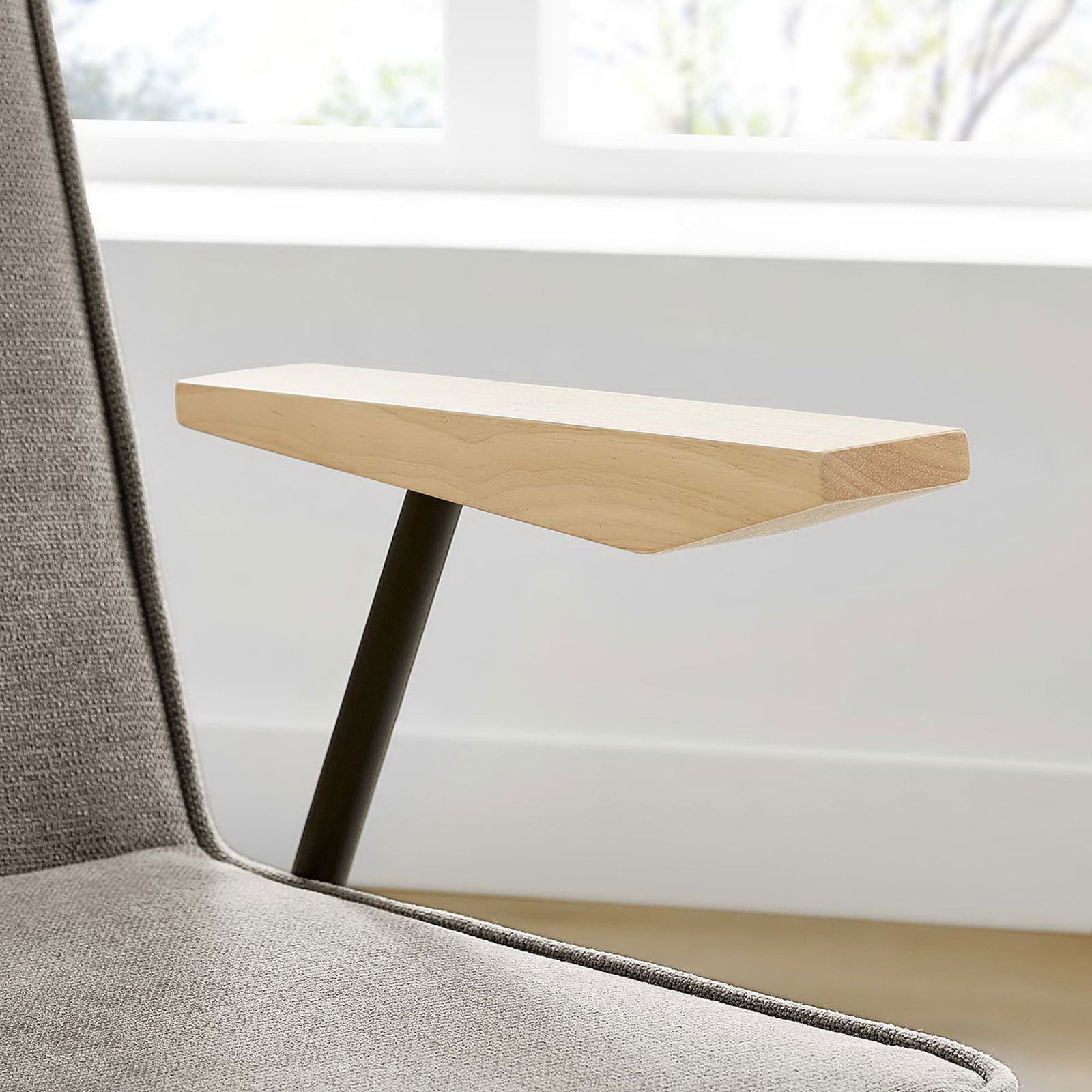 Wood armrest and sand upholstery detail of Vista chair in a bright, airy modern room || EEI-6835-SAN || detail_room