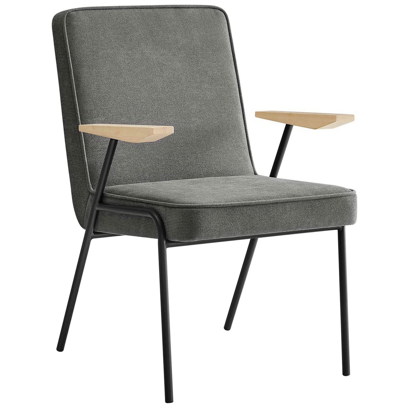 Slate upholstered armchair with slim black metal frame and angled natural wood arms. || EEI-6835-SLA || front_angle_studio