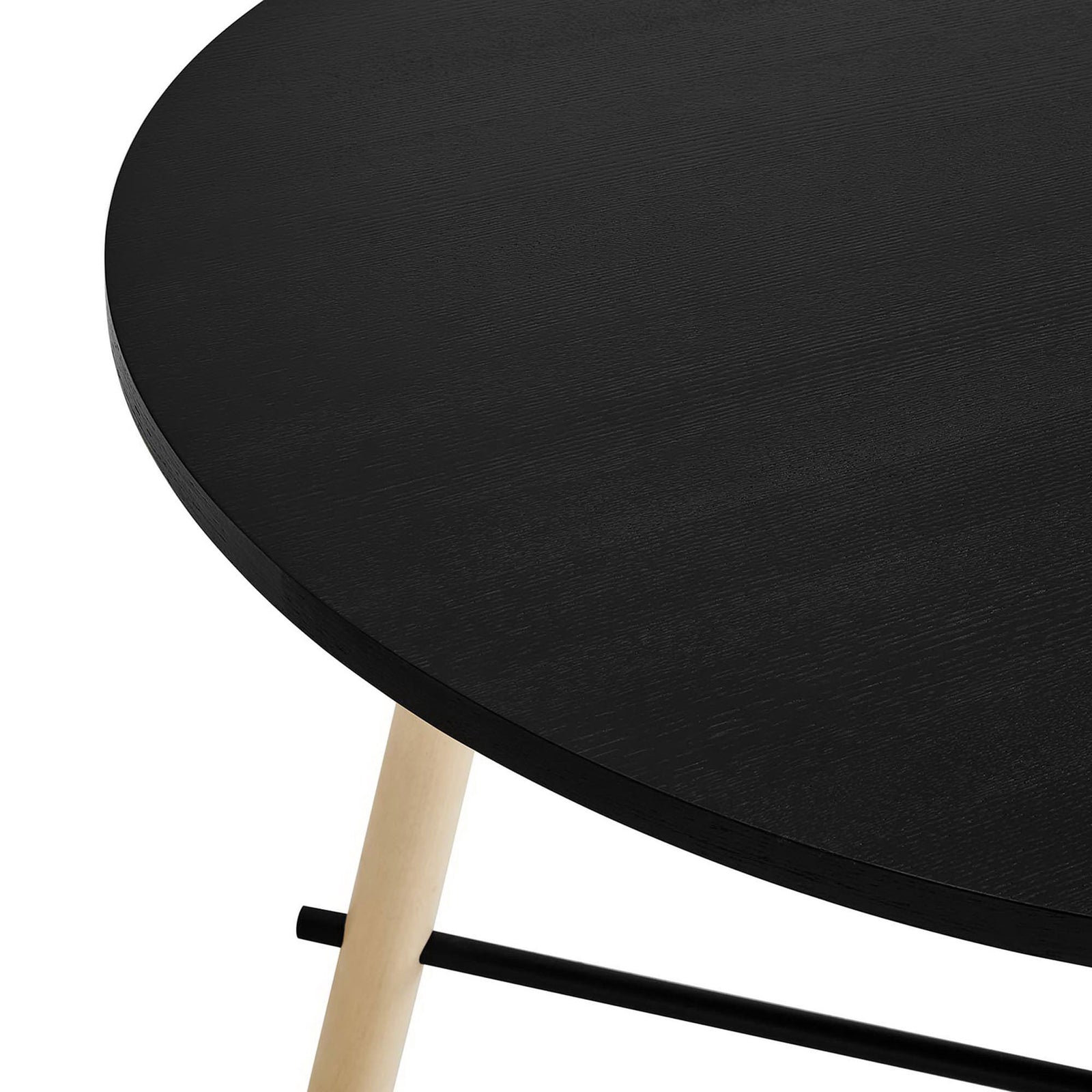 Close-up of the black oak tabletop showing refined wood grain texture and slim beveled edge || EEI-6836-BLK-OAK || detail_studio