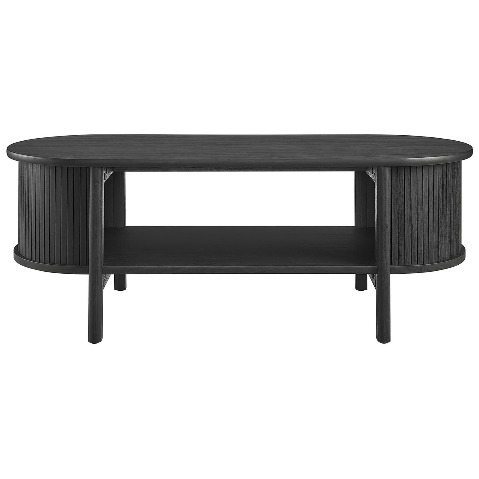 Sleek oval coffee table with fluted sides and an open shelf in rich black wood grain. || EEI-6837-BLK || front_studio