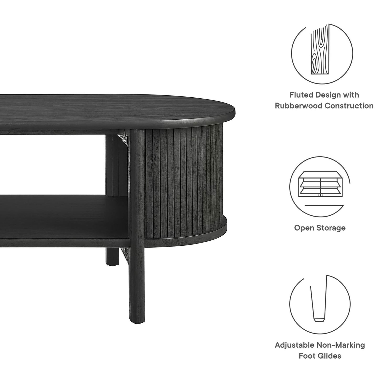 Fluted design, open shelf, and adjustable non-marking glides add style, function, and stability. || EEI-6837-BLK || callout_studio