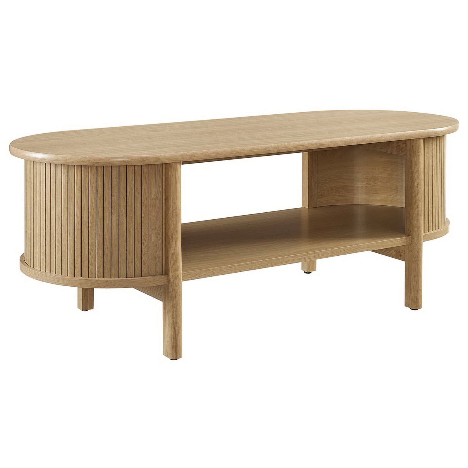 Oval oak coffee table with fluted sides, open shelf, and warm wood grain || EEI-6837-OAK || front_angle_studio