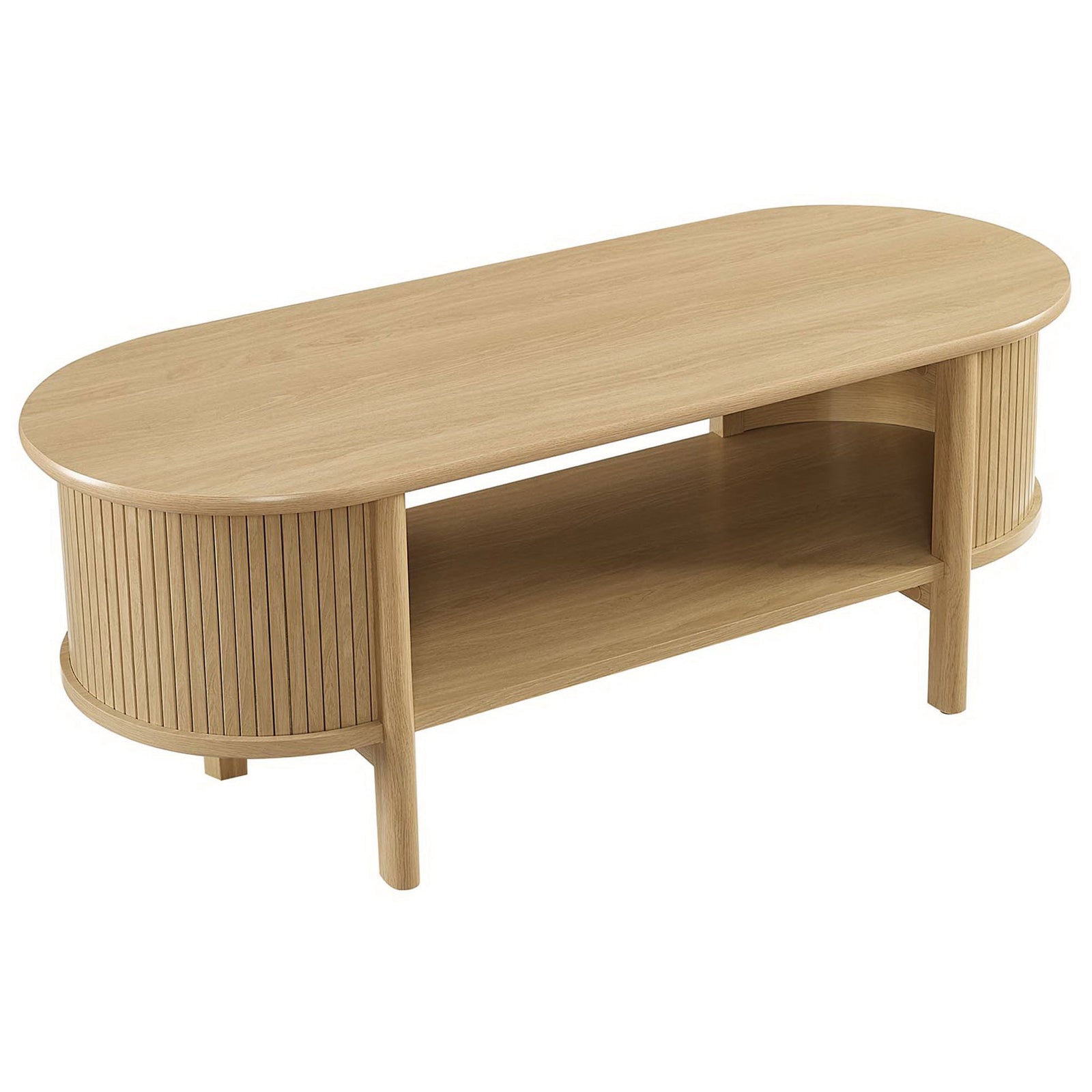Spacious oval tabletop with rich oak grain and a convenient lower shelf || EEI-6837-OAK || front_angle_studio
