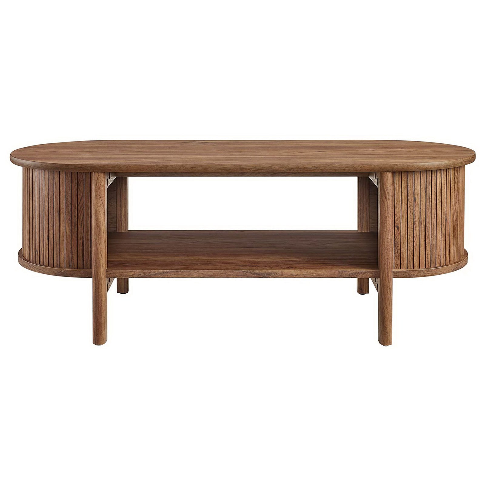 Oval walnut coffee table with fluted sides and an open shelf for display or storage || EEI-6837-WAL || front_studio