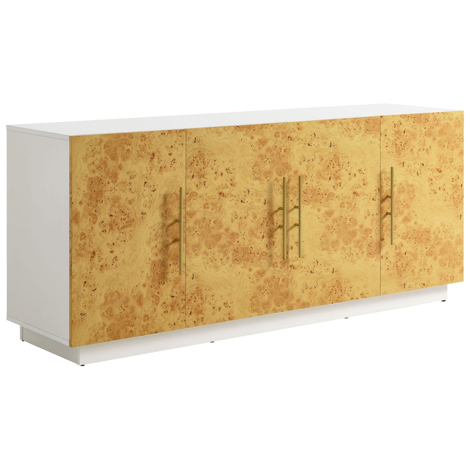White sideboard with burl wood doors and tall gold-tone pulls for modern storage || EEI-6847-WHI-BUR || front_angle_studio
