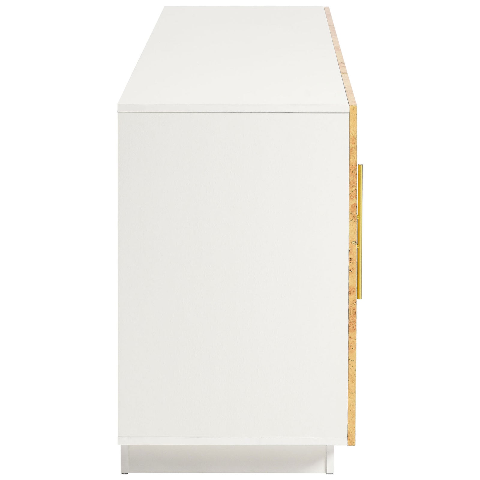 Clean white cabinet profile highlighting the sleek modern silhouette and plinth base || EEI-6847-WHI-BUR || side_studio