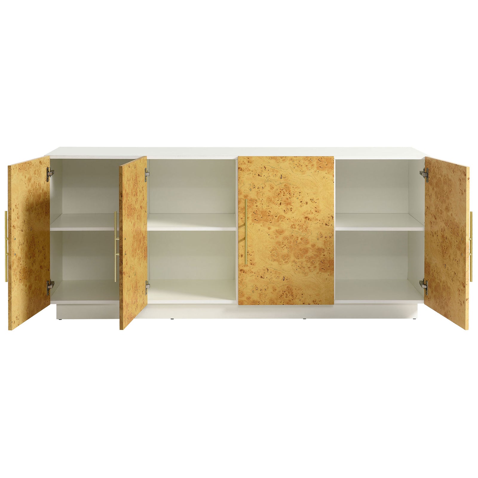 Four-door cabinet with adjustable shelves revealed for versatile concealed storage || EEI-6847-WHI-BUR || front_open_studio
