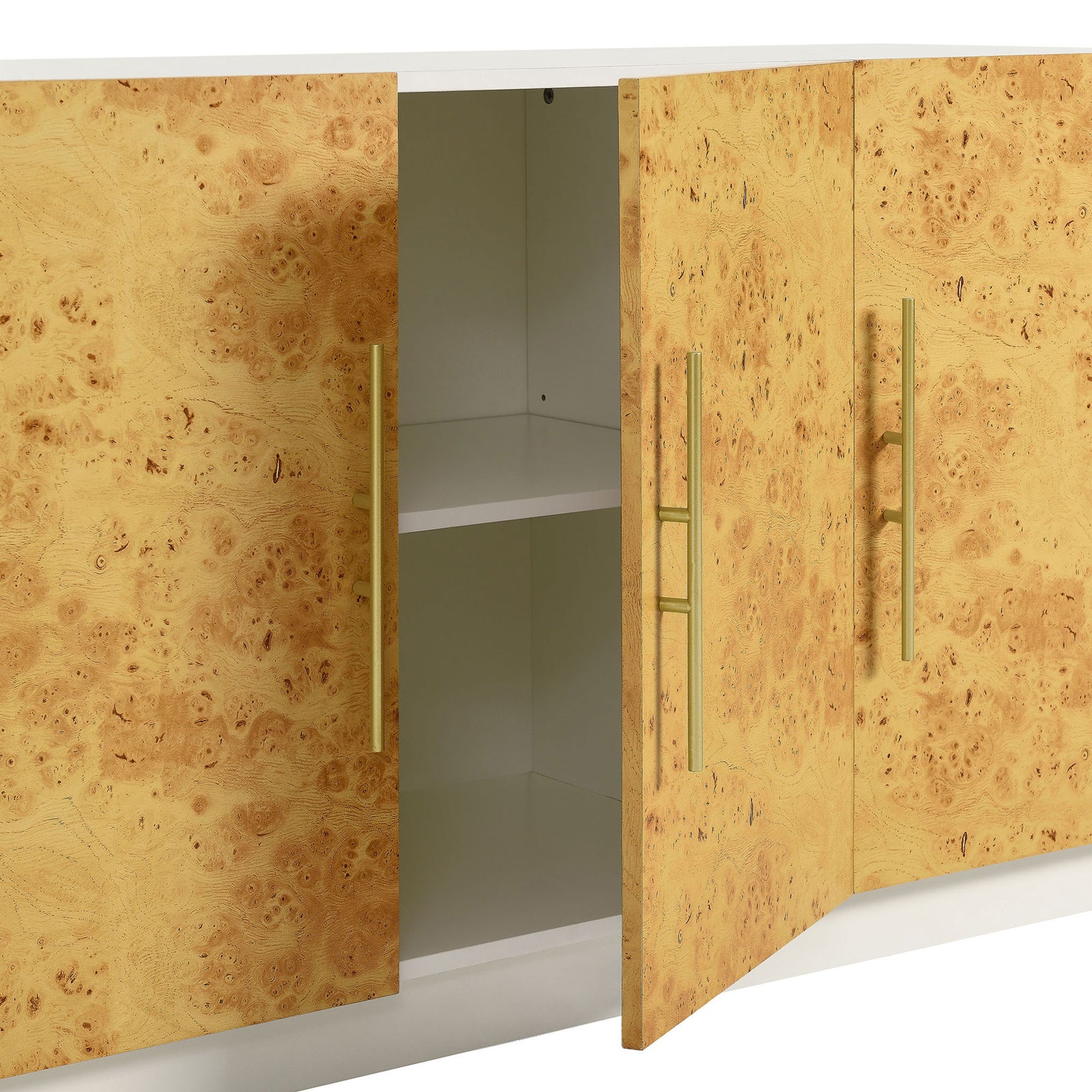 Open cabinet detail showing interior shelving and smooth white storage compartments || EEI-6847-WHI-BUR || storage_open_studio