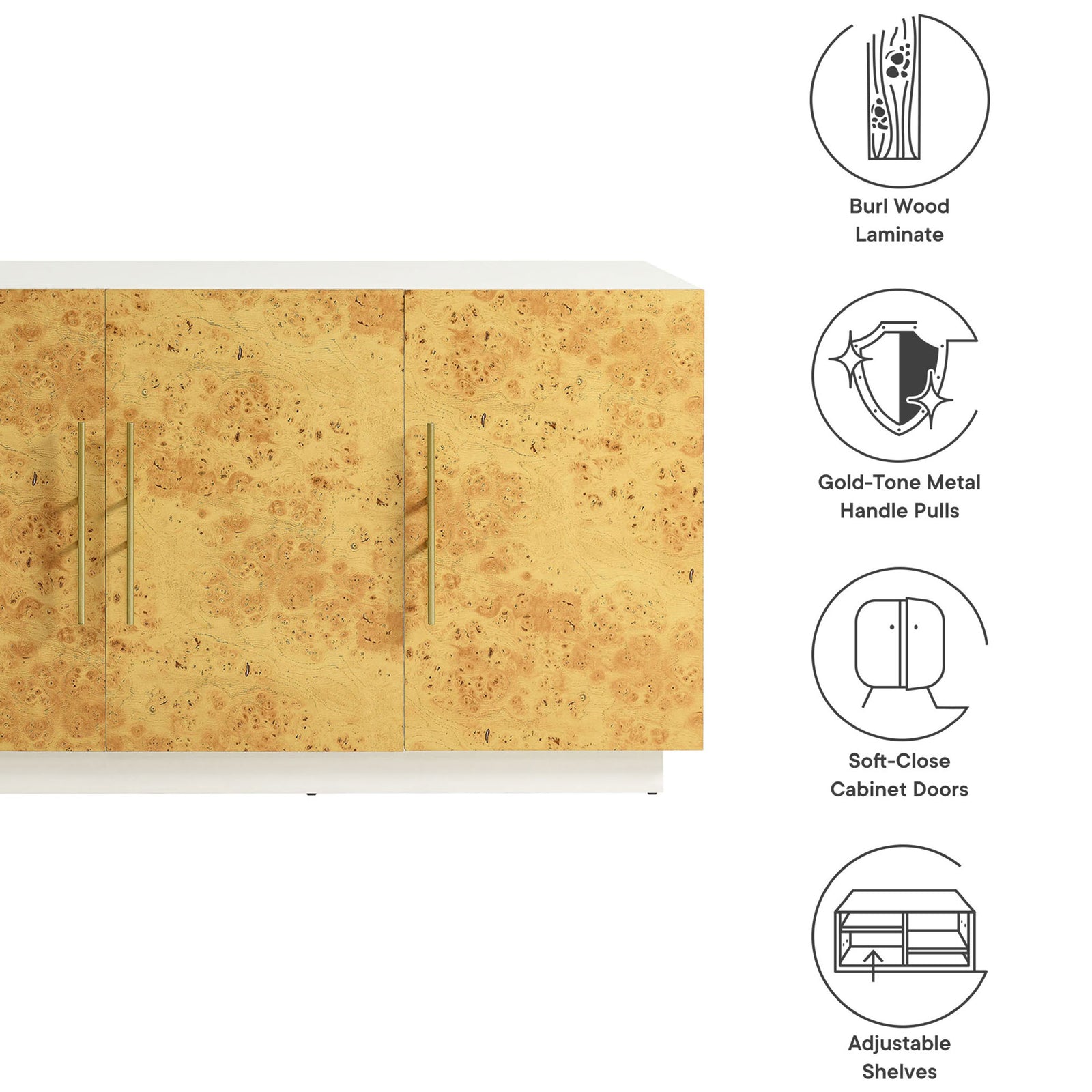 Feature callouts highlight burl wood laminate, gold-tone pulls, and soft-close doors || EEI-6847-WHI-BUR || callout_studio