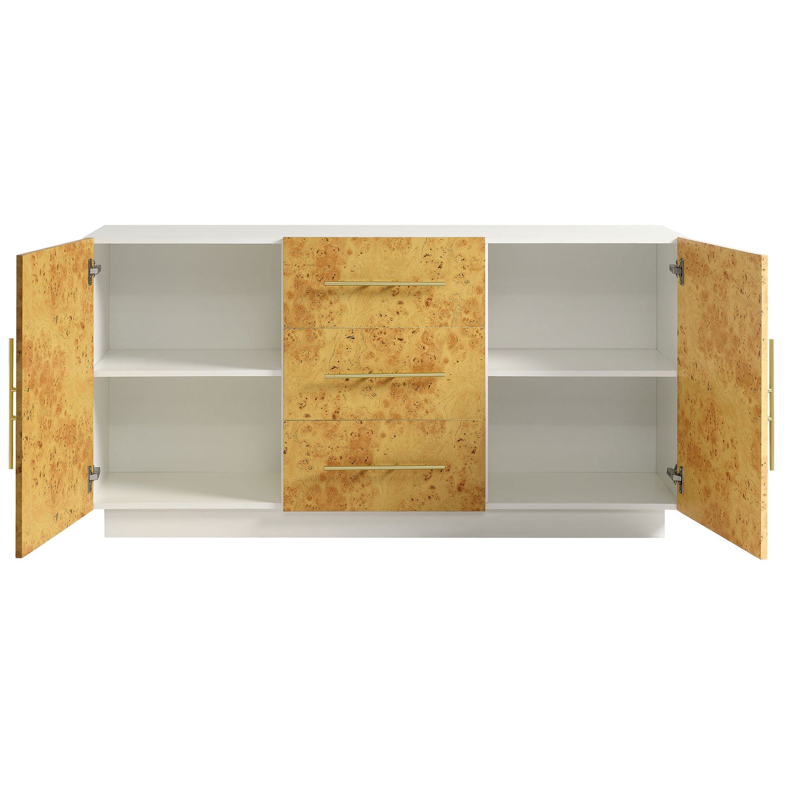Sideboard cabinet showcasing open interior shelves behind doors and three smooth-glide drawers for concealed storage || EEI-6848-WHI-BUR || front_open_studio