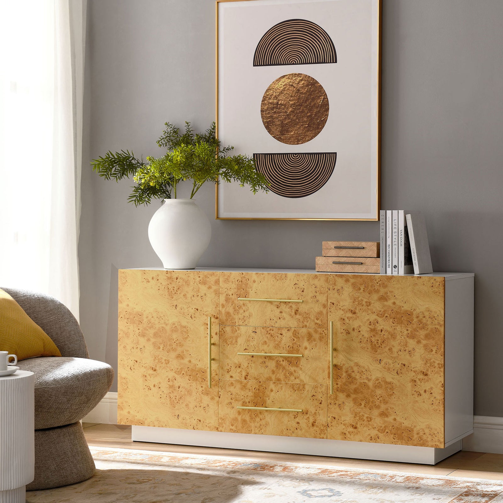 Burl wood sideboard anchors a modern living room vignette with art, greenery, and warm neutral accents || EEI-6848-WHI-BUR || front_room
