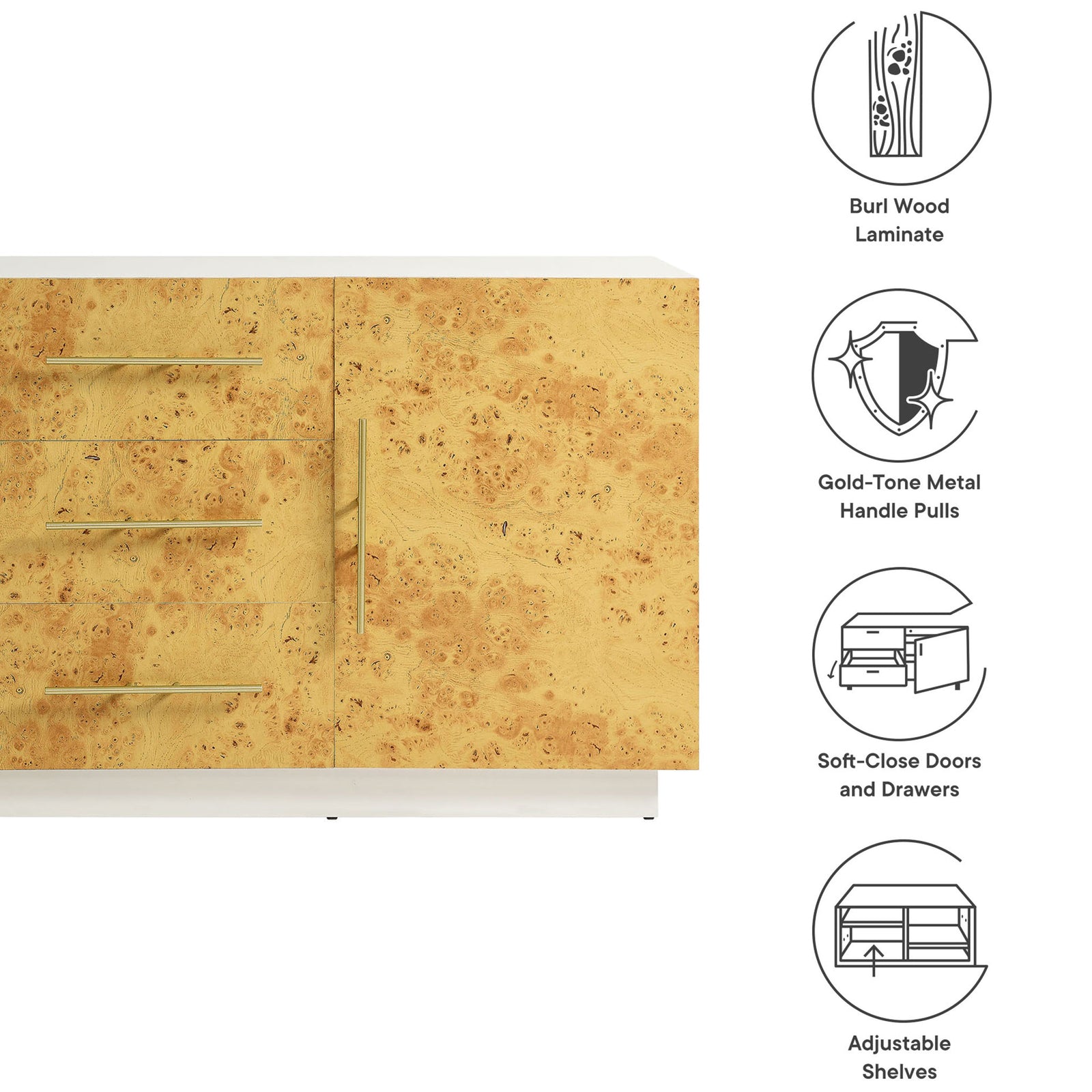Feature icons highlight the burl wood laminate, gold-tone pulls, soft-close doors and drawers, and adjustable shelves || EEI-6848-WHI-BUR || callout_studio