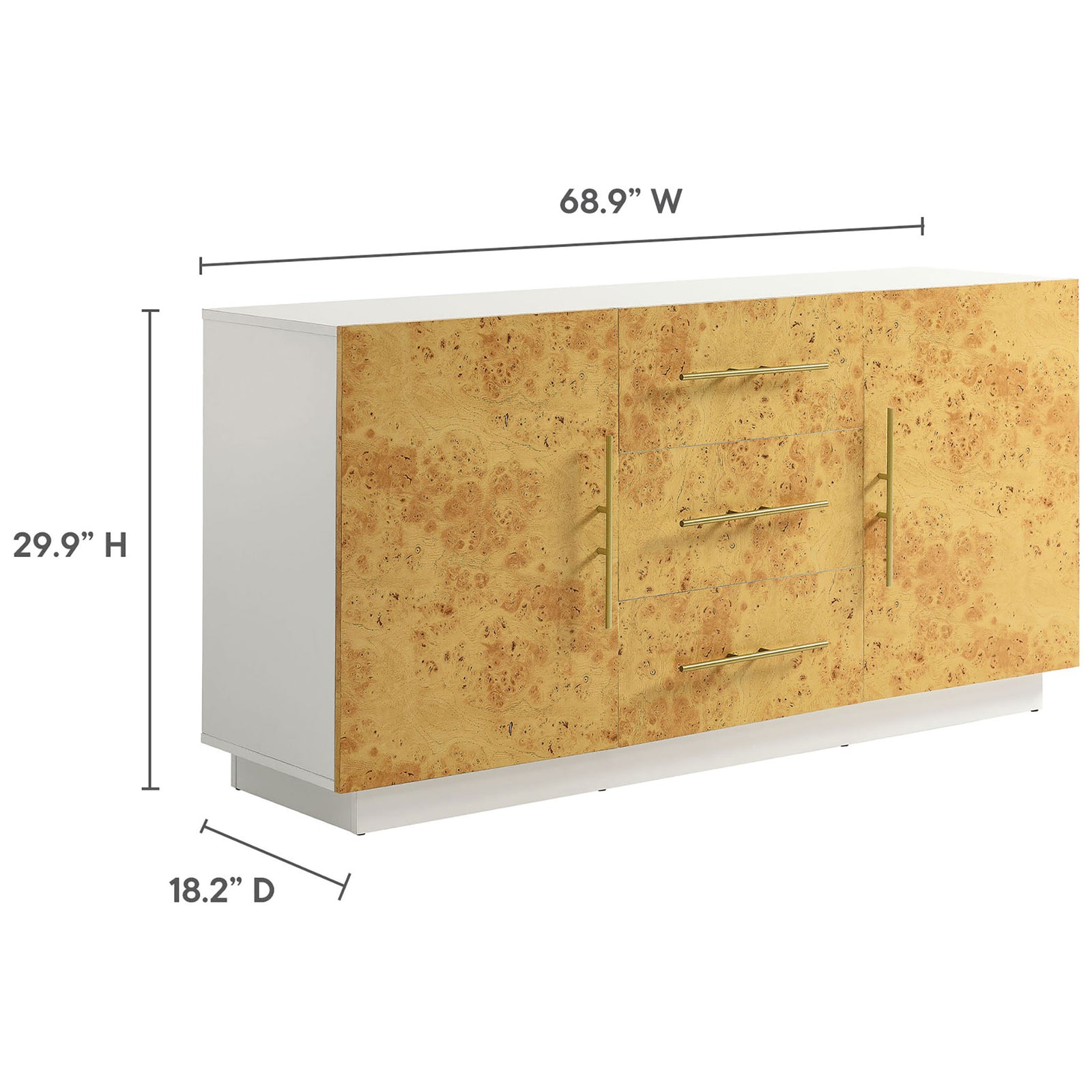 Overall dimensions of the sideboard shown with width, depth, and height measurements for easy planning || EEI-6848-WHI-BUR || dimension_studio