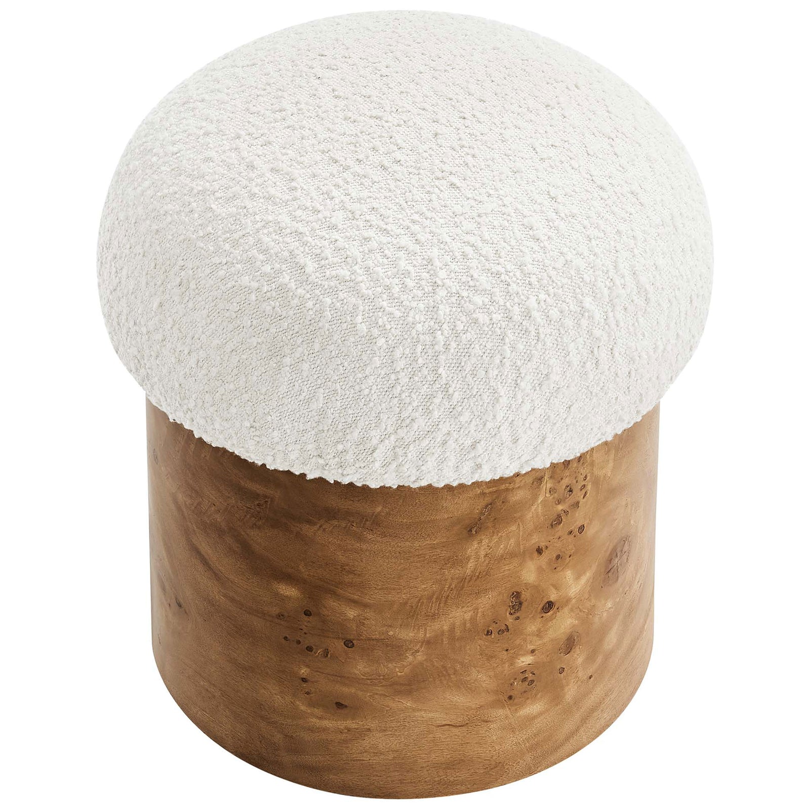 Overhead view of boucle mushroom ottoman highlighting plush ivory seat and rounded form || EEI-6850-IVO-BUR || top_angle_studio
