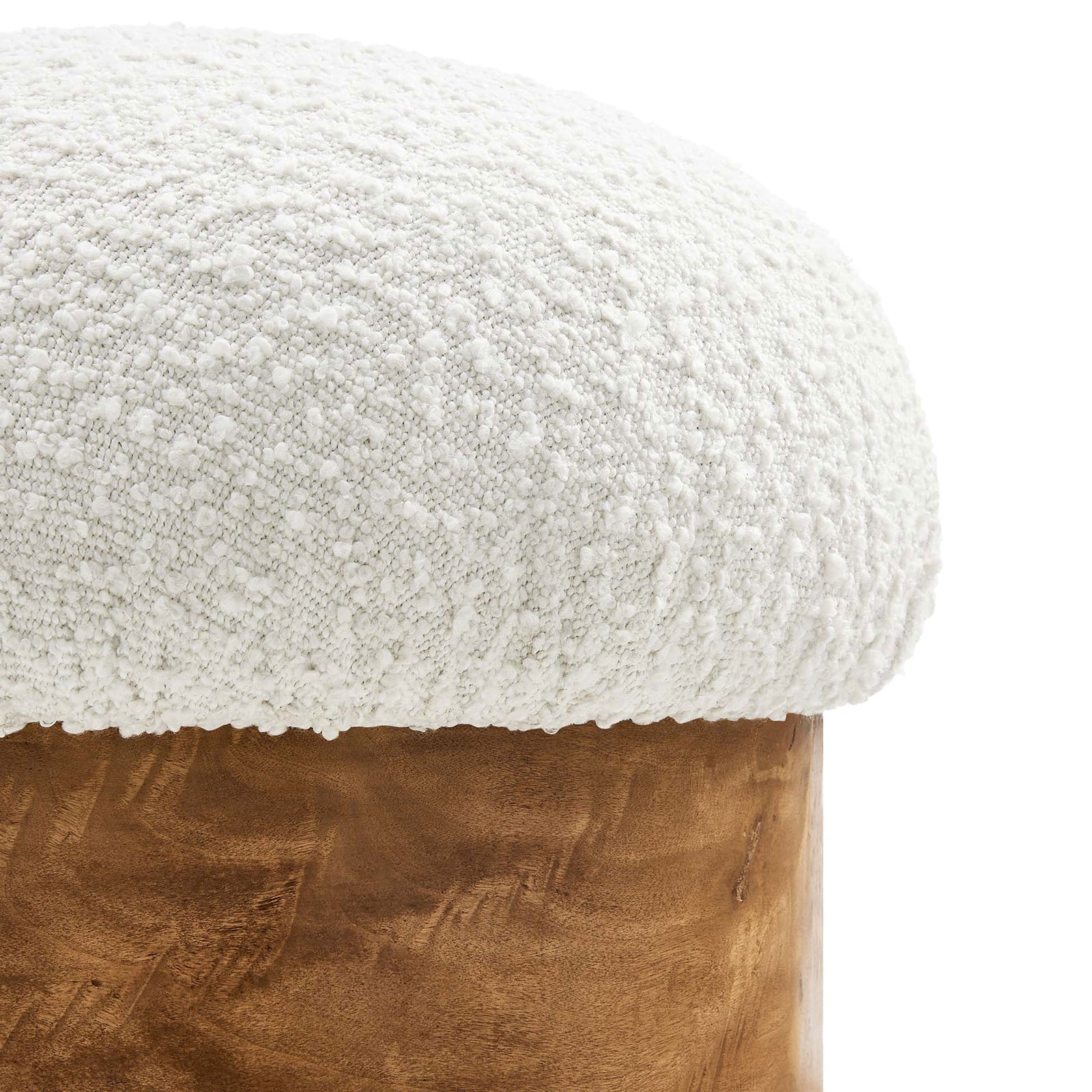 Close-up of richly textured ivory boucle upholstery draping over the ottoman edge || EEI-6850-IVO-BUR || detail_studio