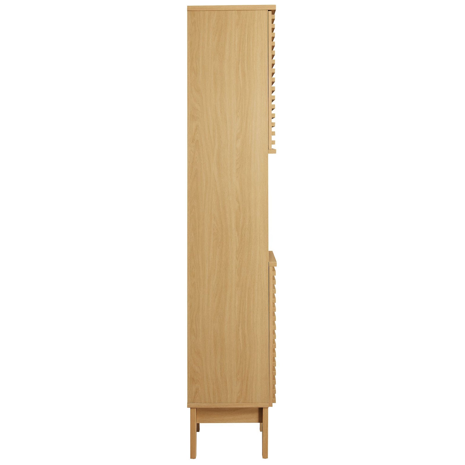 Slim oak tower shows smooth wood grain and mid-century profile on raised legs || EEI-6851-OAK || side_studio