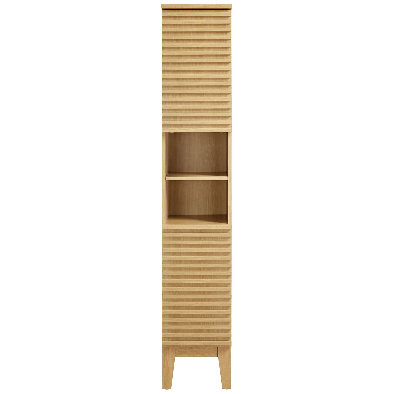 Streamlined oak storage tower with slatted doors and a center display shelf || EEI-6851-OAK || front_studio