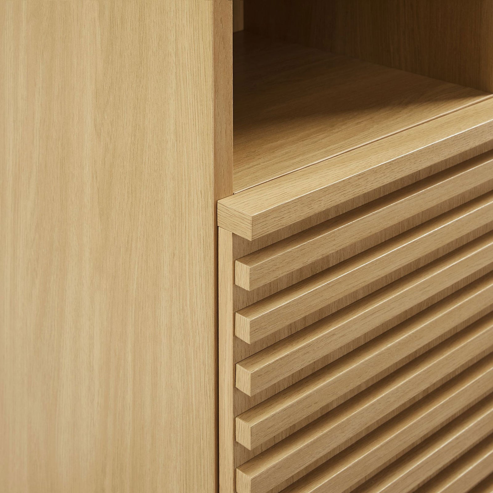 Crisp slatted door design with smooth wood grain laminate || EEI-6851-OAK || detail_studio