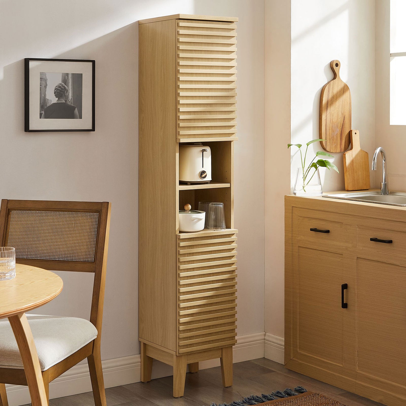 Oak storage cabinet adds warm texture and vertical storage to dining nook || EEI-6851-OAK || front_angle_room