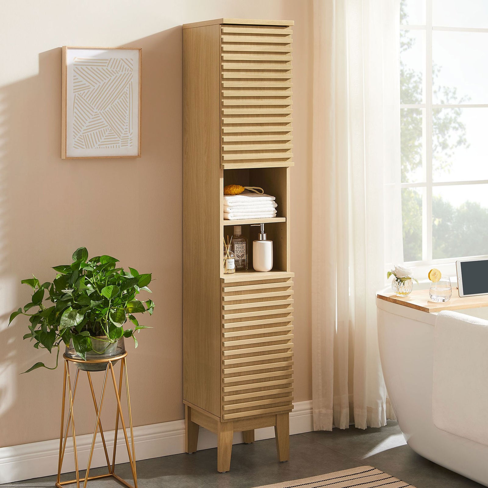 Tall oak bathroom tower elevates spa essentials with open shelf and concealed storage || EEI-6851-OAK || front_angle_room