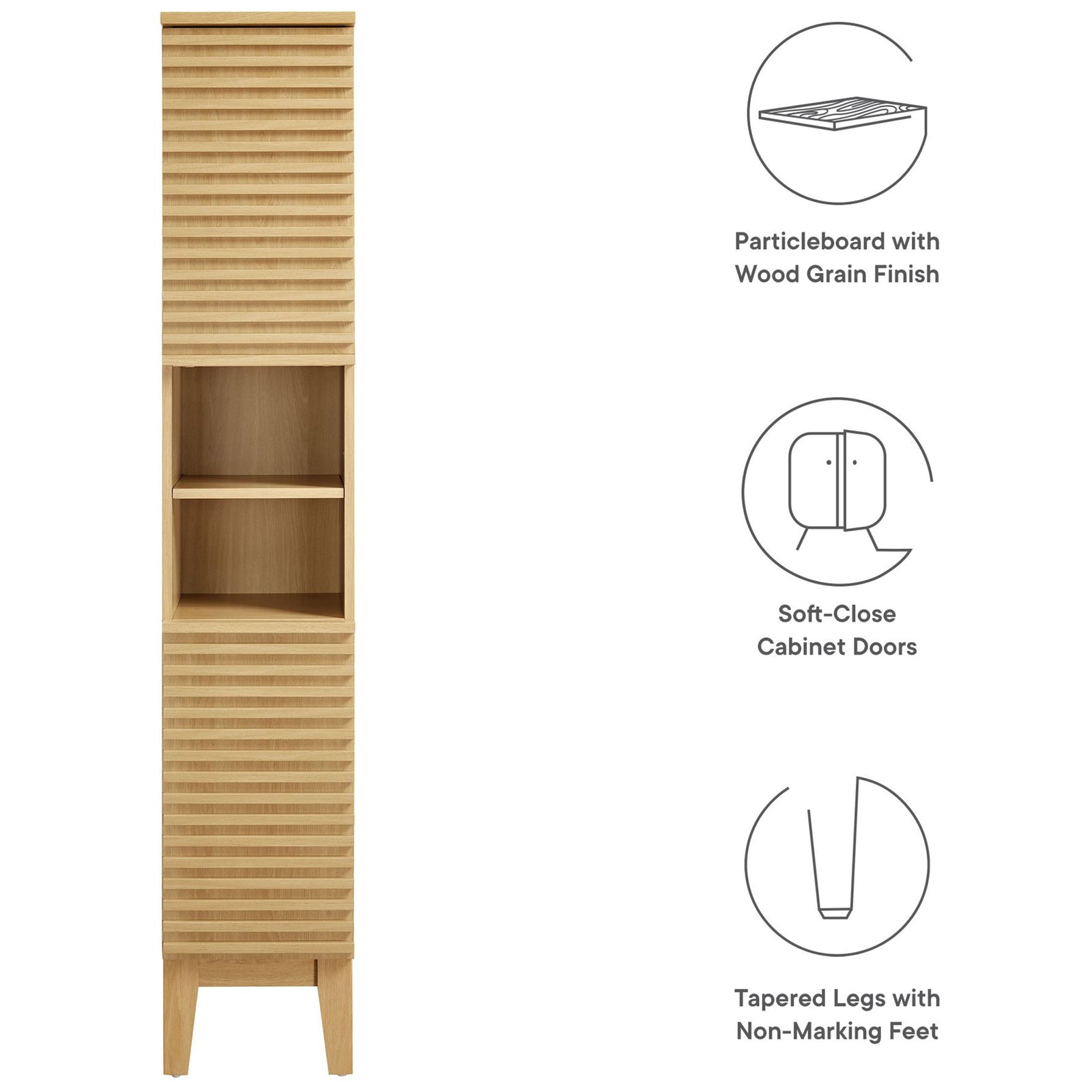 Key features include wood grain finish, soft-close doors, and tapered legs with floor glides || EEI-6851-OAK || callout_studio