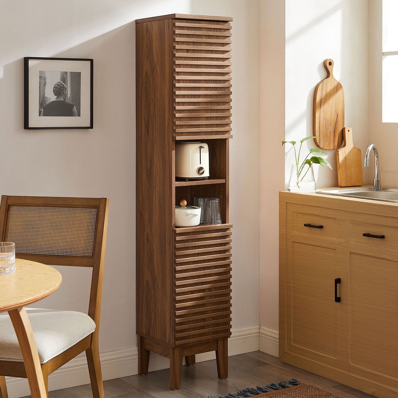Elevates everyday storage with a warm walnut tone and airy mid-century stance || EEI-6851-WAL || front_angle_room